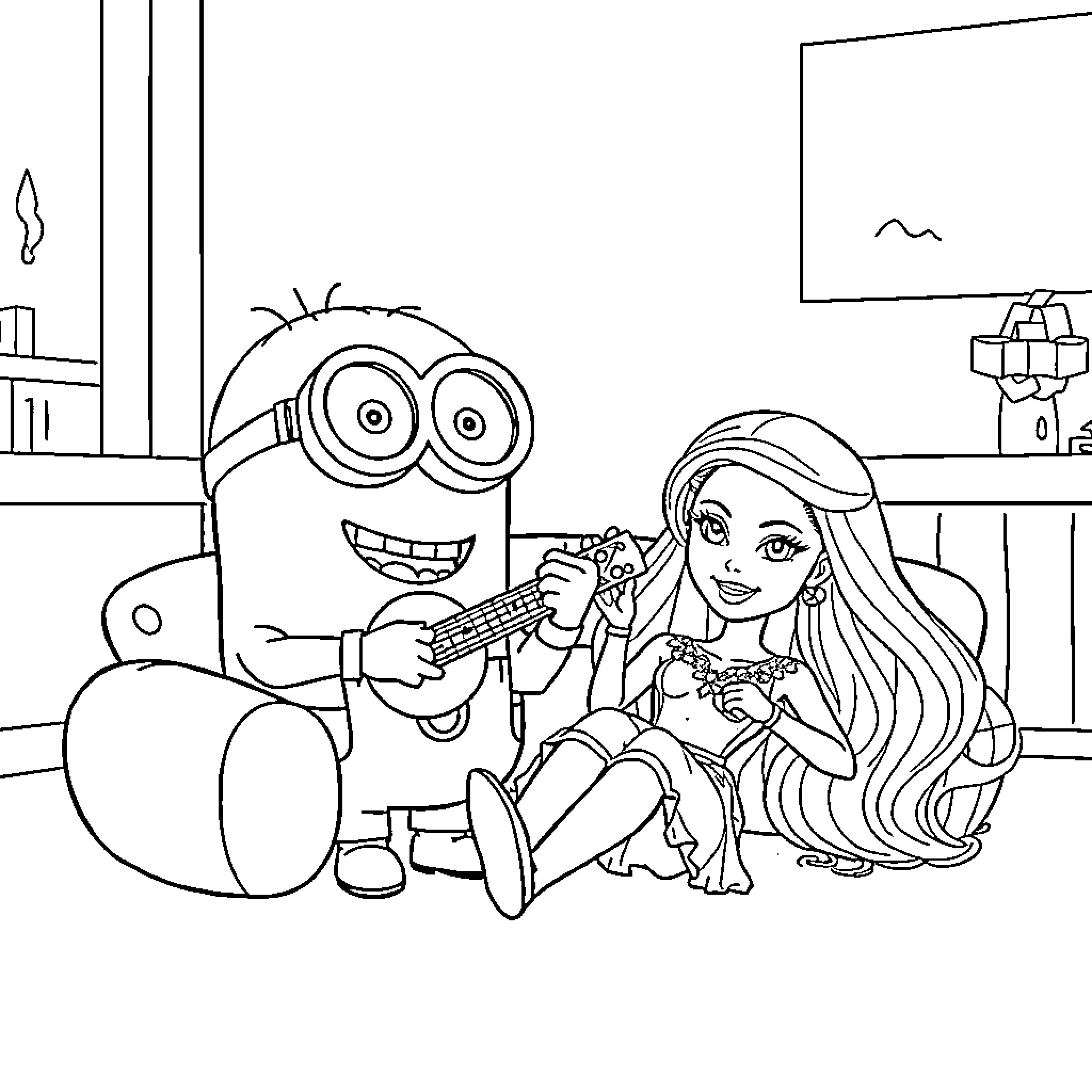 Minion entertaining a young girl in a room Coloring Page (free black-and-white line drawing printable PDF for all, from beginners to advanced learners, including children, teens, adults, and seniors)