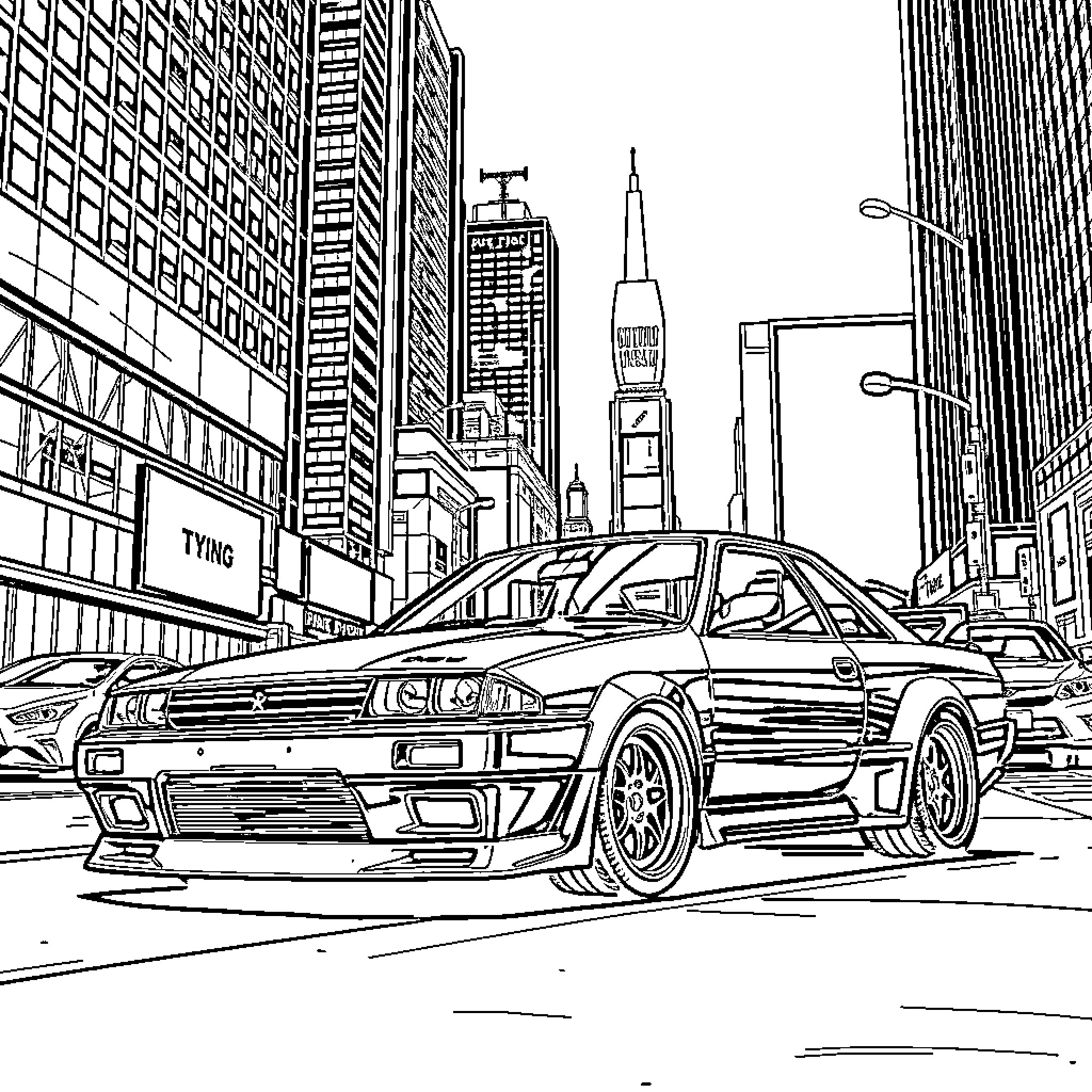 Skyline of a bustling city with a sports car Coloring Page (free black-and-white line drawing printable PDF for all, from beginners to advanced learners, including children, teens, adults, and seniors)