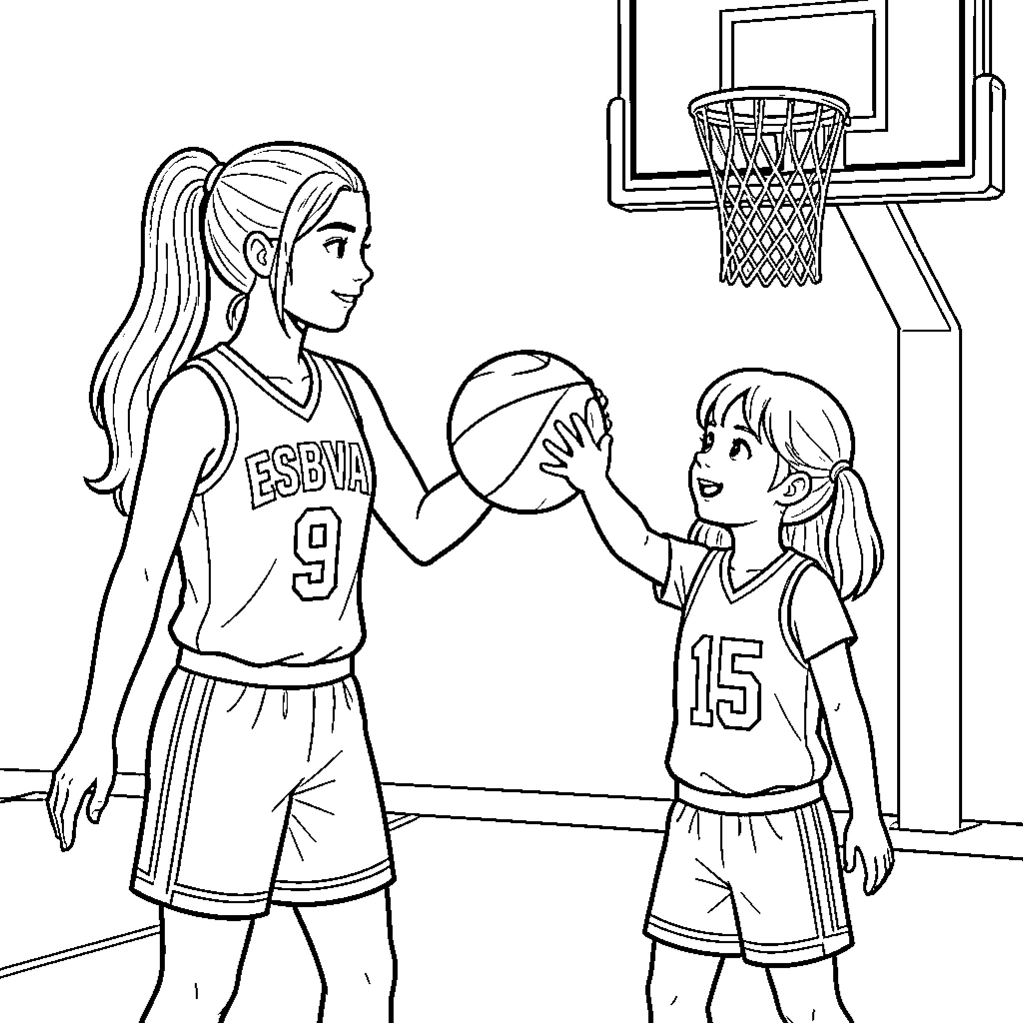 Basketball Player teaching a young child how to play Coloring Page (free black-and-white line drawing printable PDF for all, from beginners to advanced learners, including children, teens, adults, and seniors)