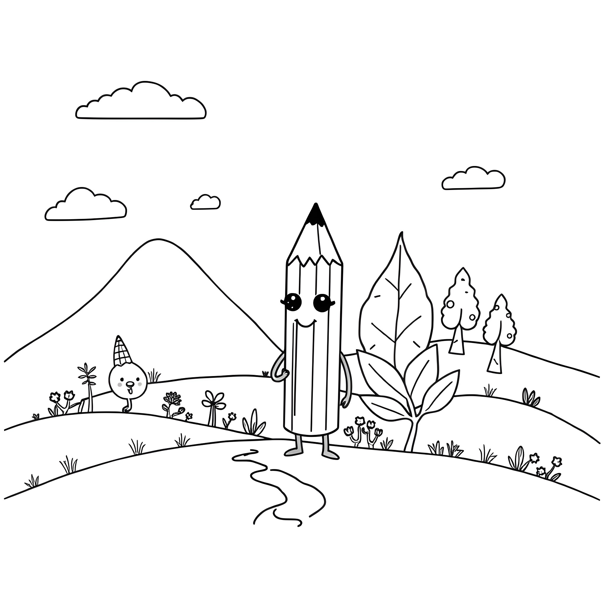 BFDI characters in a nature landscape Coloring Page (free black-and-white line drawing printable PDF for all, from beginners to advanced learners, including children, teens, adults, and seniors)