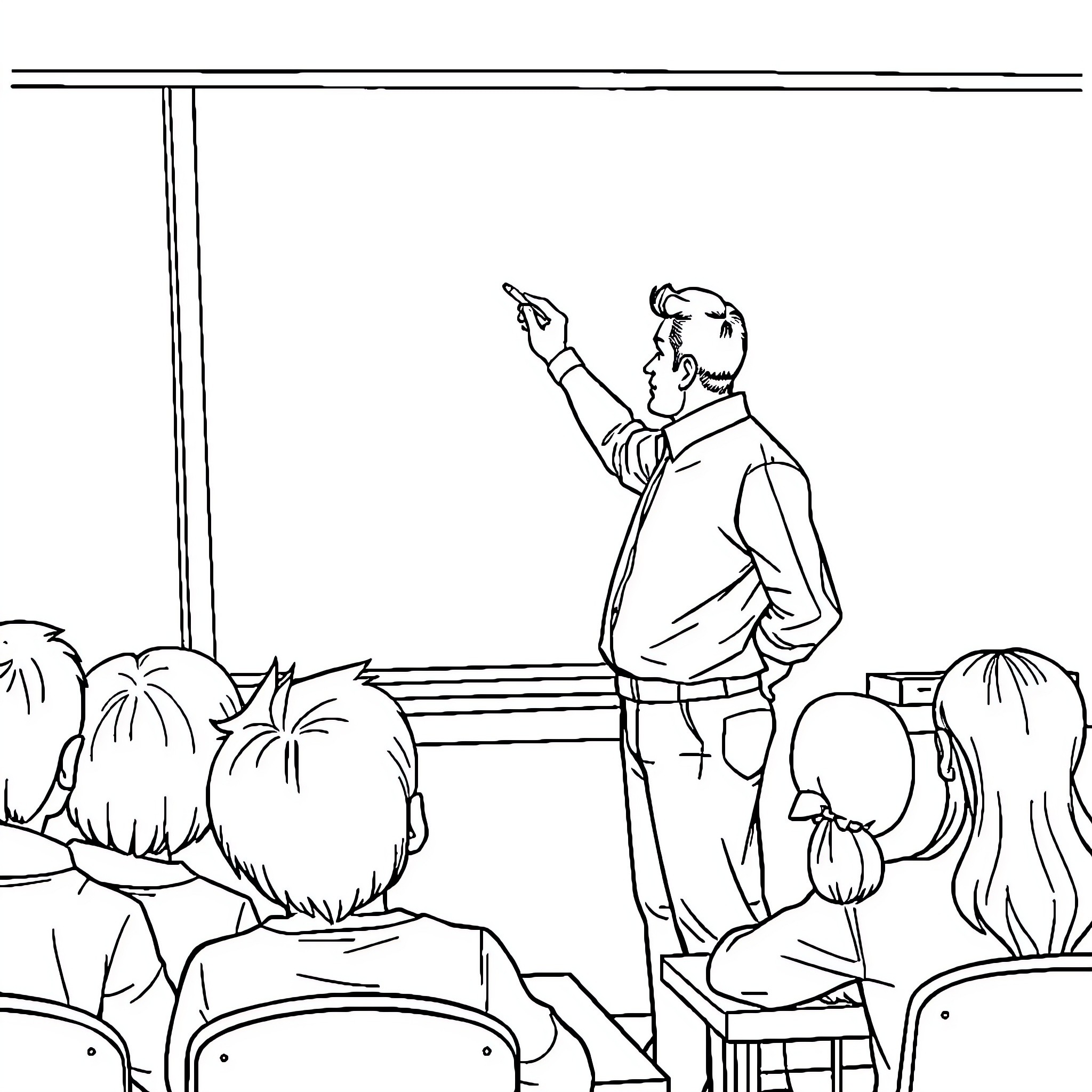Teacher Presenting Lesson to Attentive Students Coloring Page (free black-and-white line drawing printable PDF for all, from beginners to advanced learners, including children, teens, adults, and seniors)