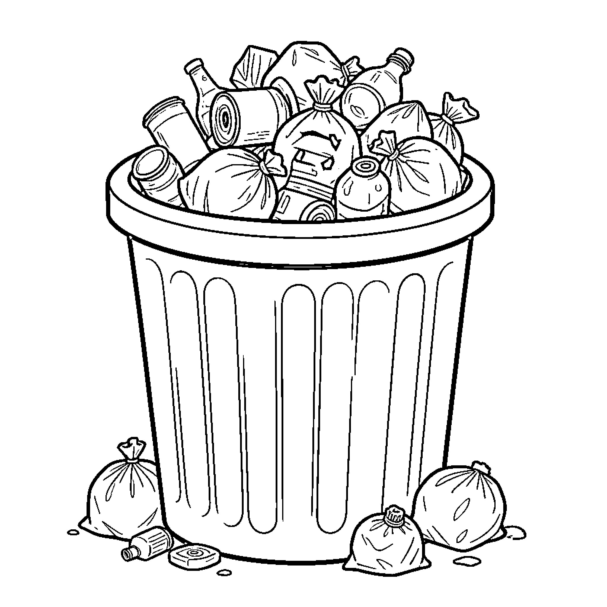 Trash overflowing with discarded items Coloring Page (free black-and-white line drawing printable PDF for all, from beginners to advanced learners, including children, teens, adults, and seniors)
