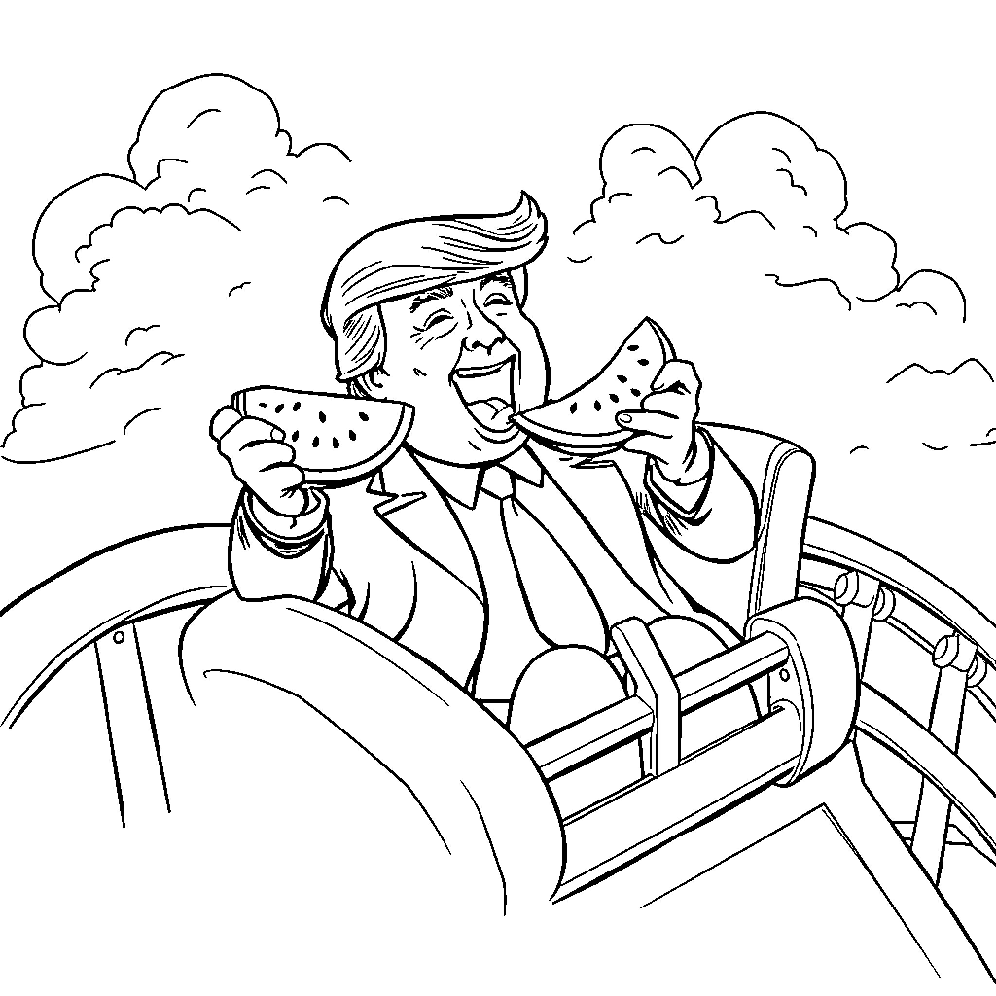Donald Trump enjoying a watermelon slice in an open-top car Coloring Page (free black-and-white line drawing printable PDF for all, from beginners to advanced learners, including children, teens, adults, and seniors)