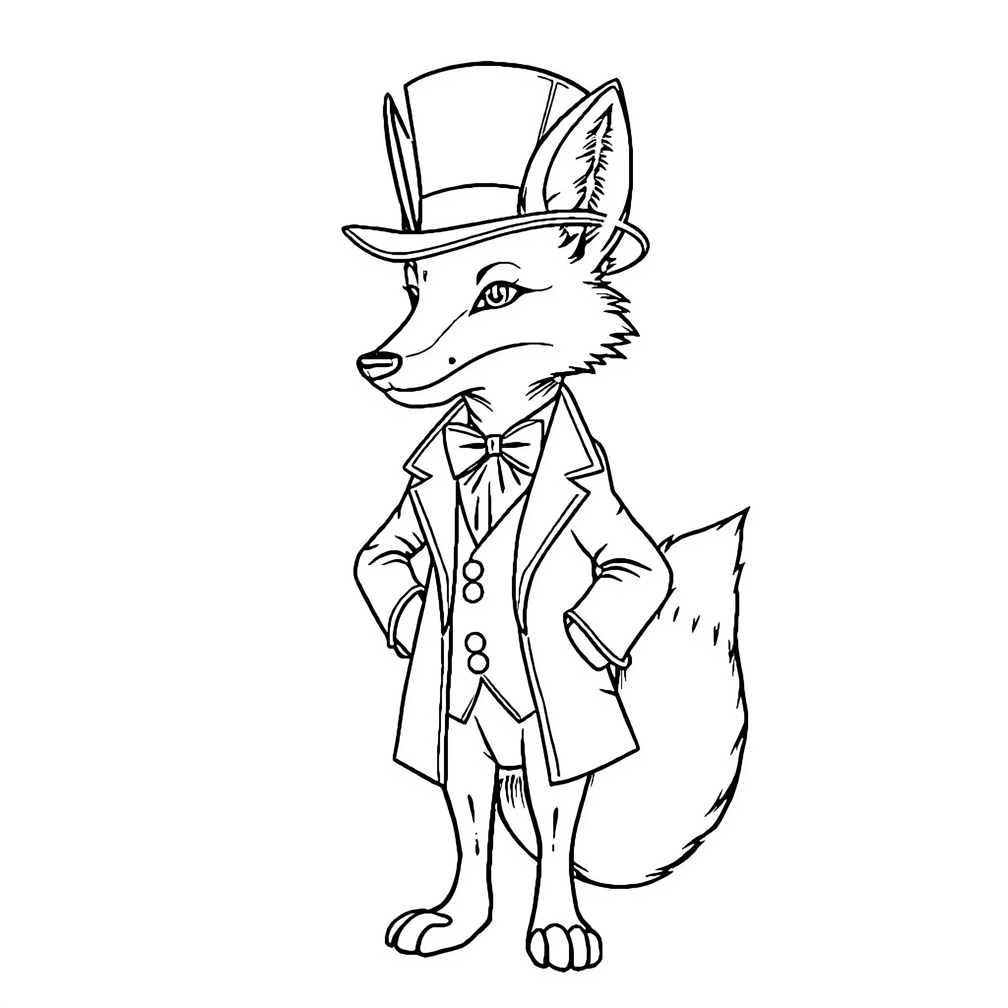 Fox in Fancy Attire and Accessories Coloring Page (free black-and-white line drawing printable PDF for all, from beginners to advanced learners, including children, teens, adults, and seniors)