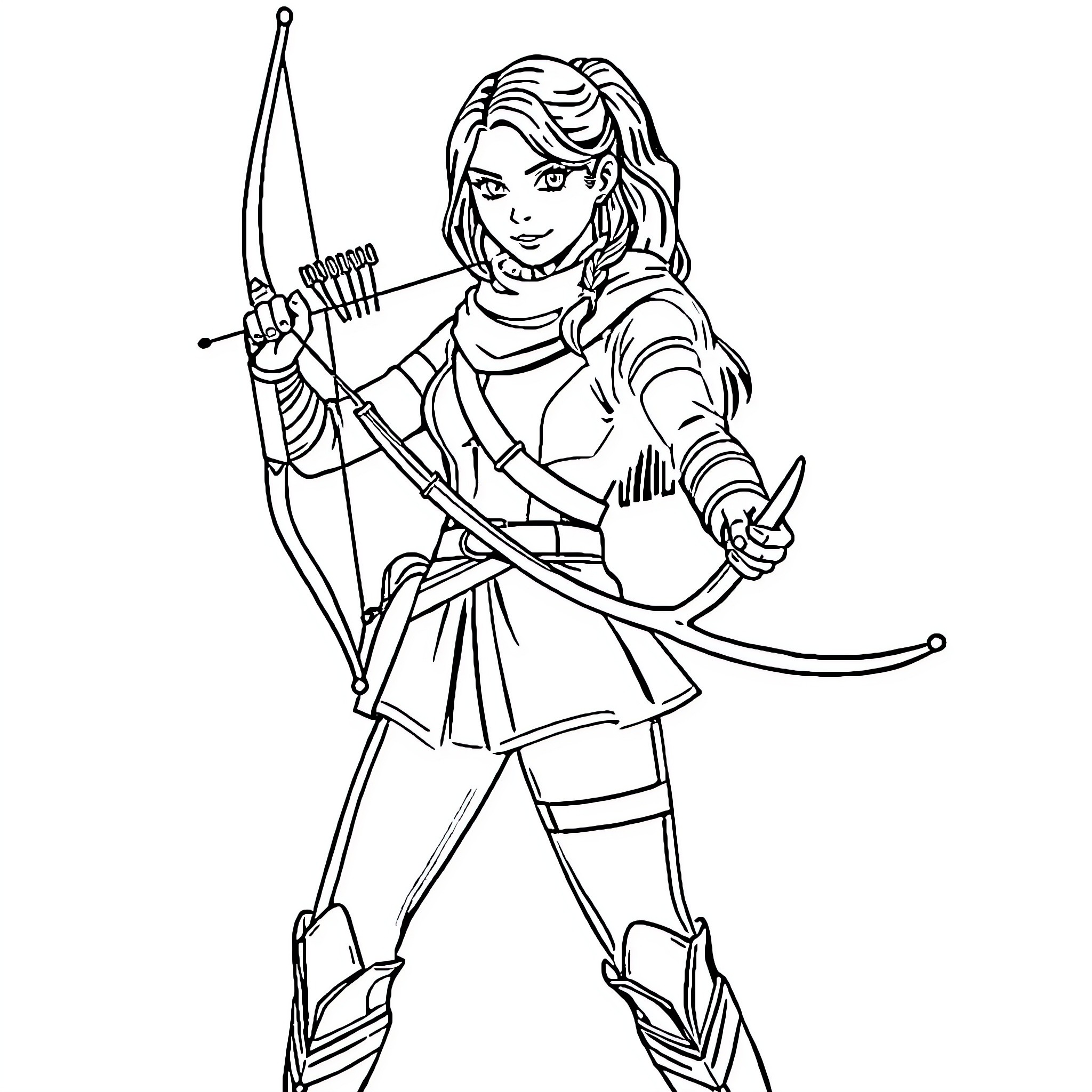 Kate Bishop in Heroic Archer Pose Coloring Page (free black-and-white line drawing printable PDF for all, from beginners to advanced learners, including children, teens, adults, and seniors)