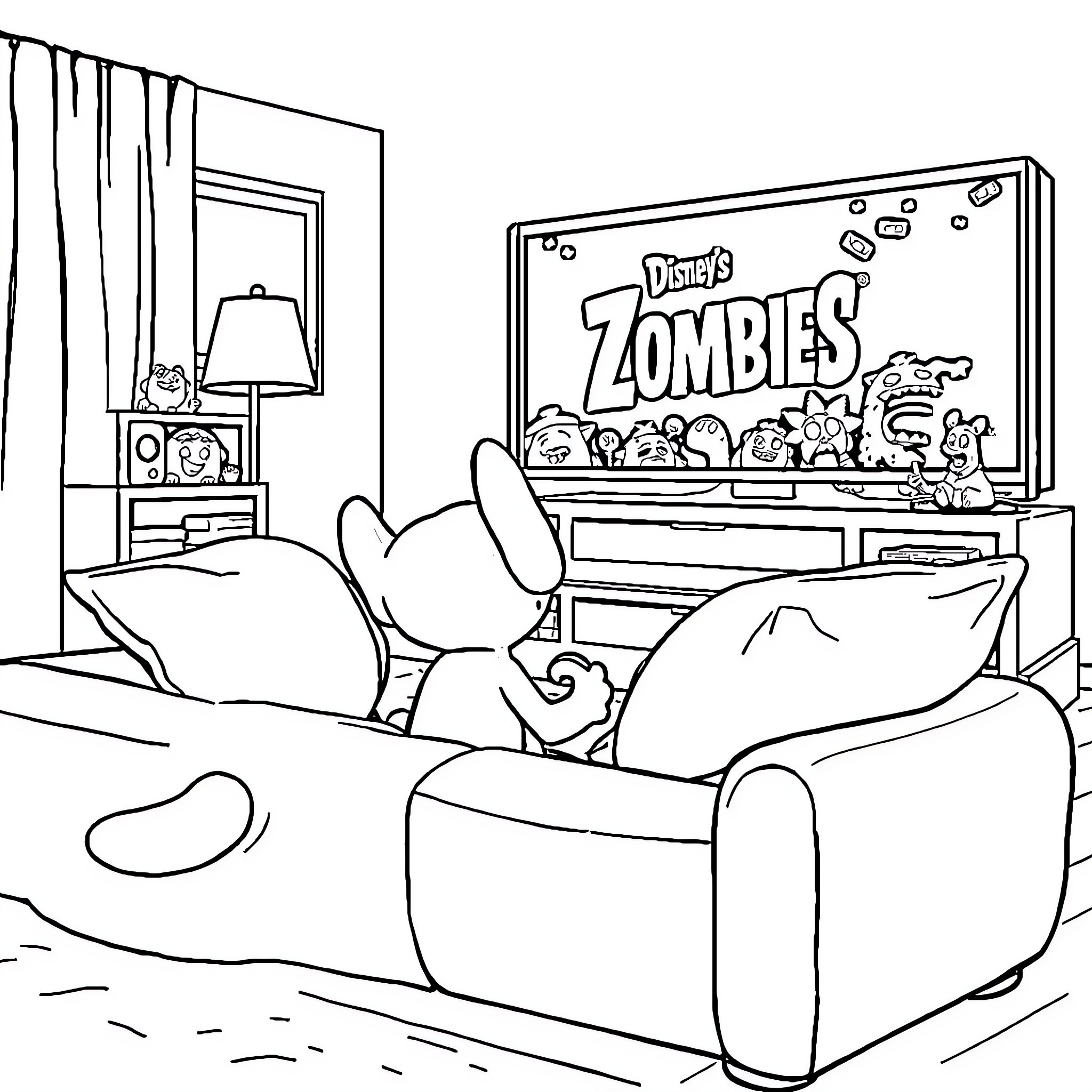 Bluey watching Disney's Zombies on TV Coloring Page (free black-and-white line drawing printable PDF for all, from beginners to advanced learners, including children, teens, adults, and seniors)
