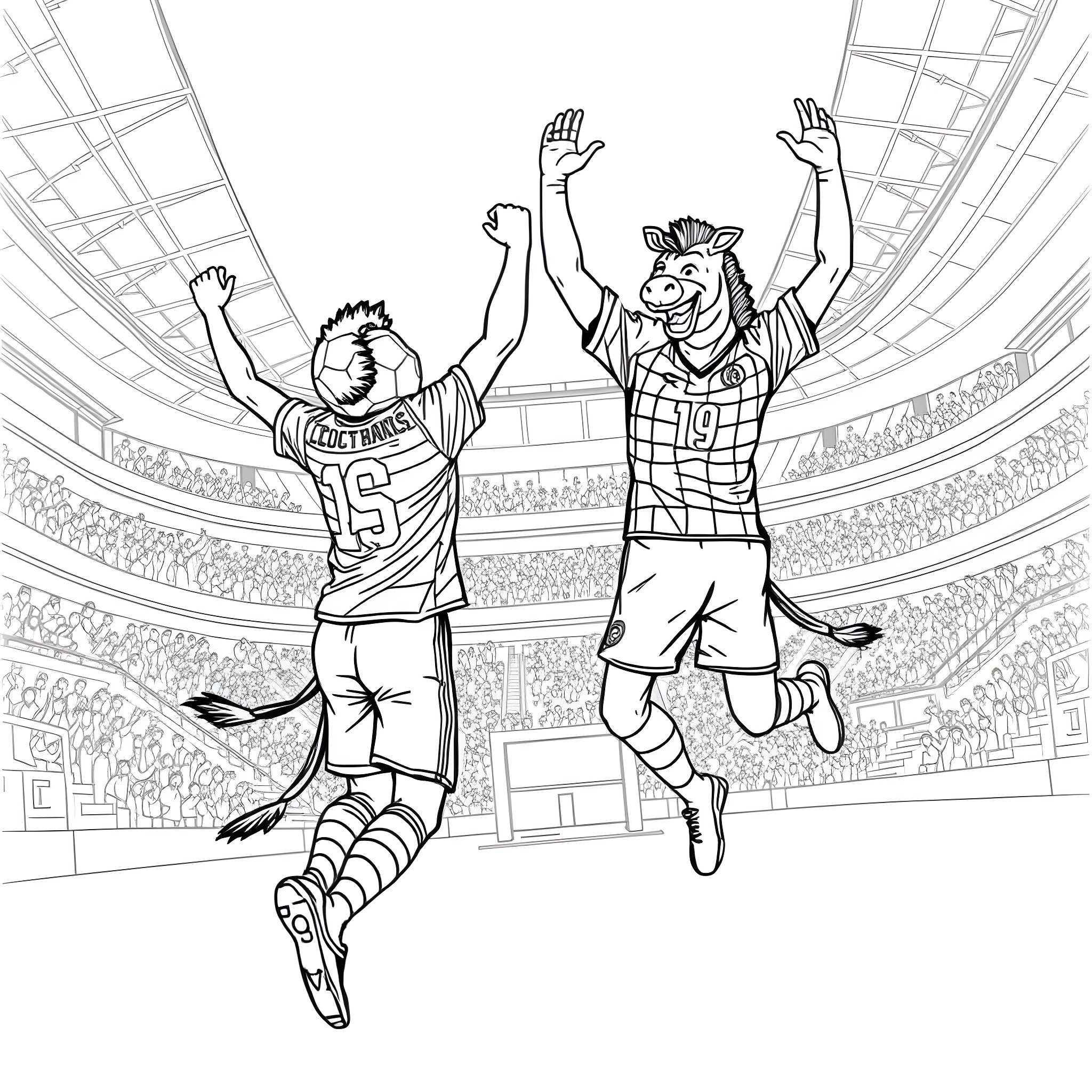 Soccer Players Celebrating Victory in Stadium Coloring Page (free black-and-white line drawing printable PDF for all, from beginners to advanced learners, including children, teens, adults, and seniors)