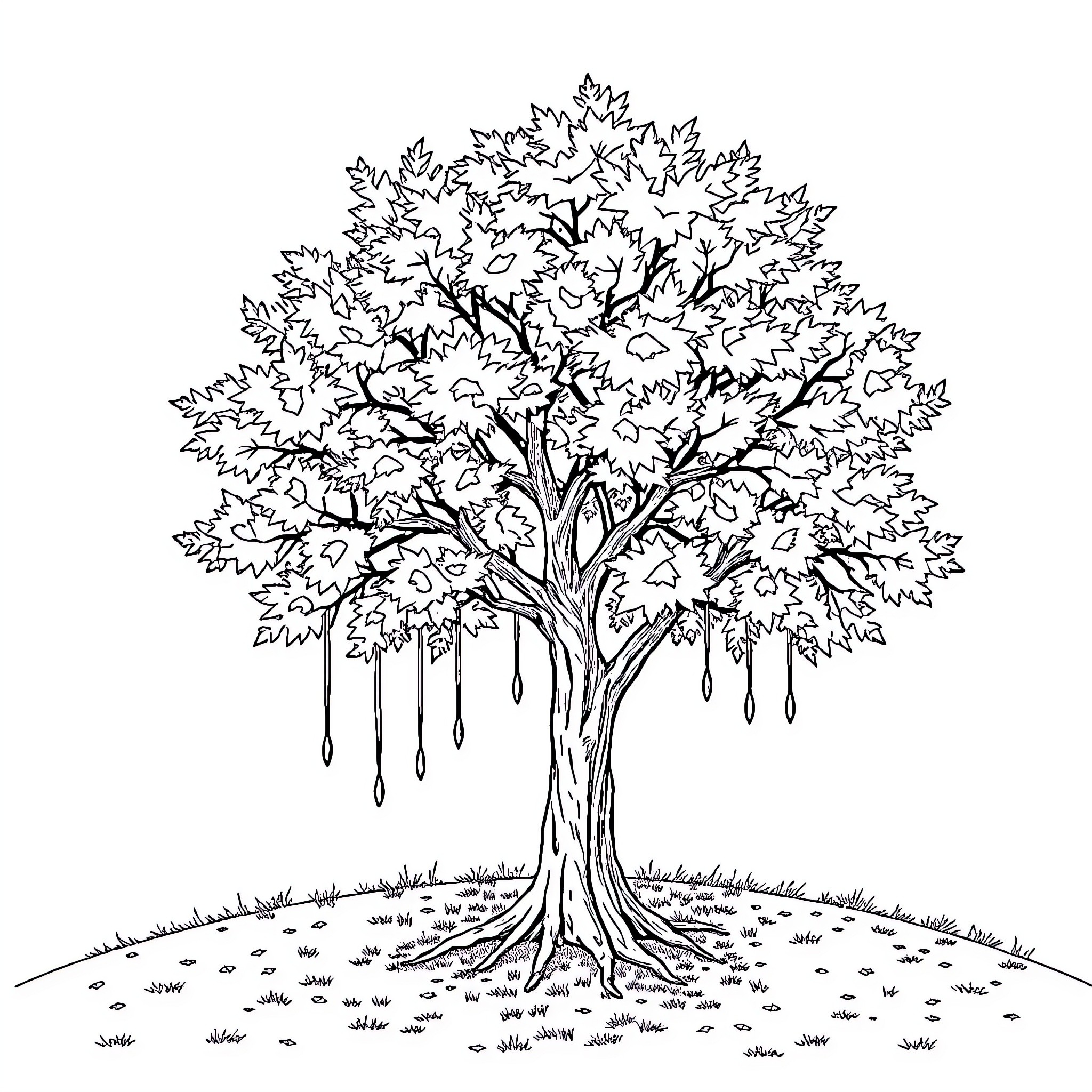 Maple Tree in Rain-like Dripping Leaves Coloring Page (free black-and-white line drawing printable PDF for all, from beginners to advanced learners, including children, teens, adults, and seniors)