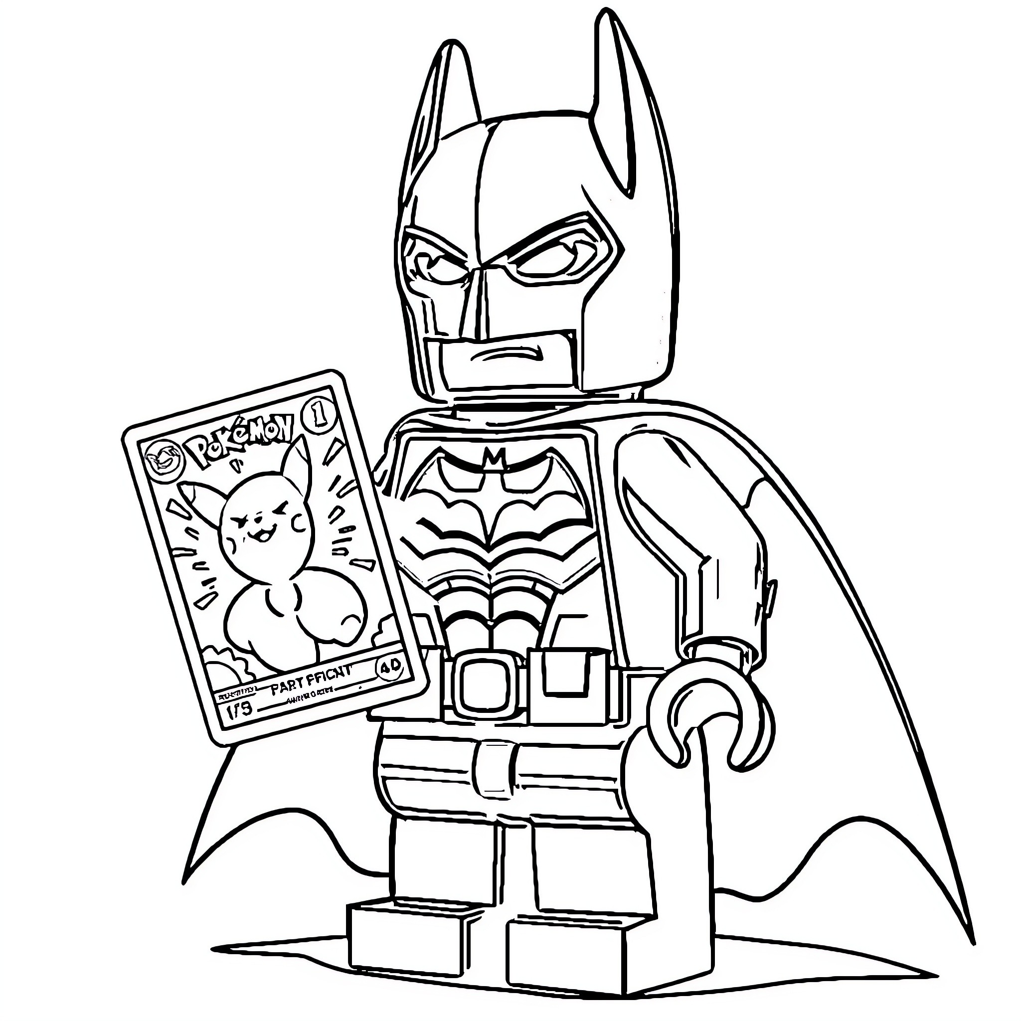Lego Batman holding a card and appearing serious Coloring Page (free black-and-white line drawing printable PDF for all, from beginners to advanced learners, including children, teens, adults, and seniors)