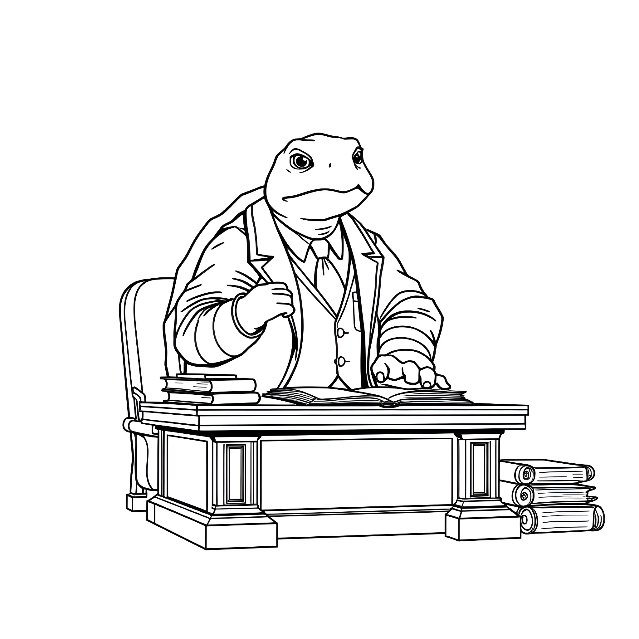 Tortoise working diligently at desk Coloring Page (free black-and-white line drawing printable PDF for all, from beginners to advanced learners, including children, teens, adults, and seniors)