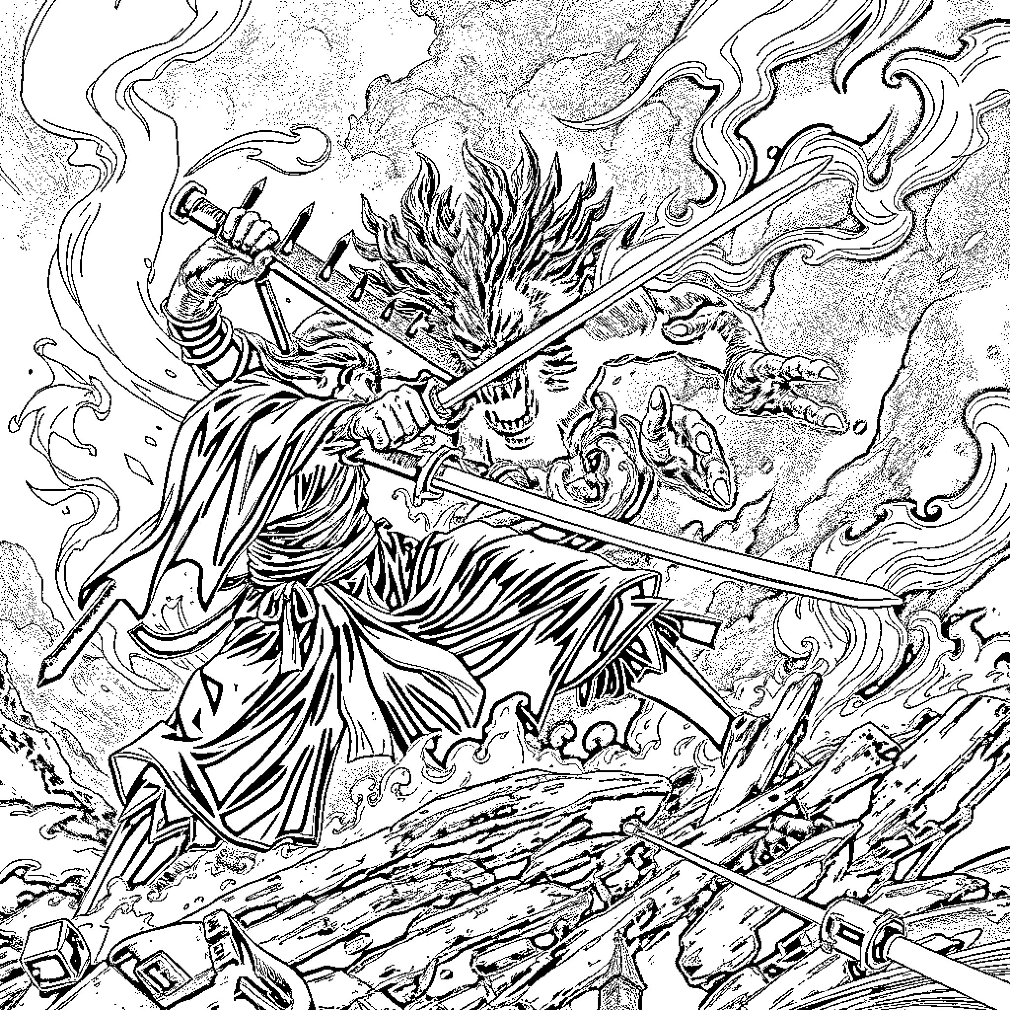 Tanjiro's Fierce Determination in Battle Coloring Page (free black-and-white line drawing printable PDF for all, from beginners to advanced learners, including children, teens, adults, and seniors)