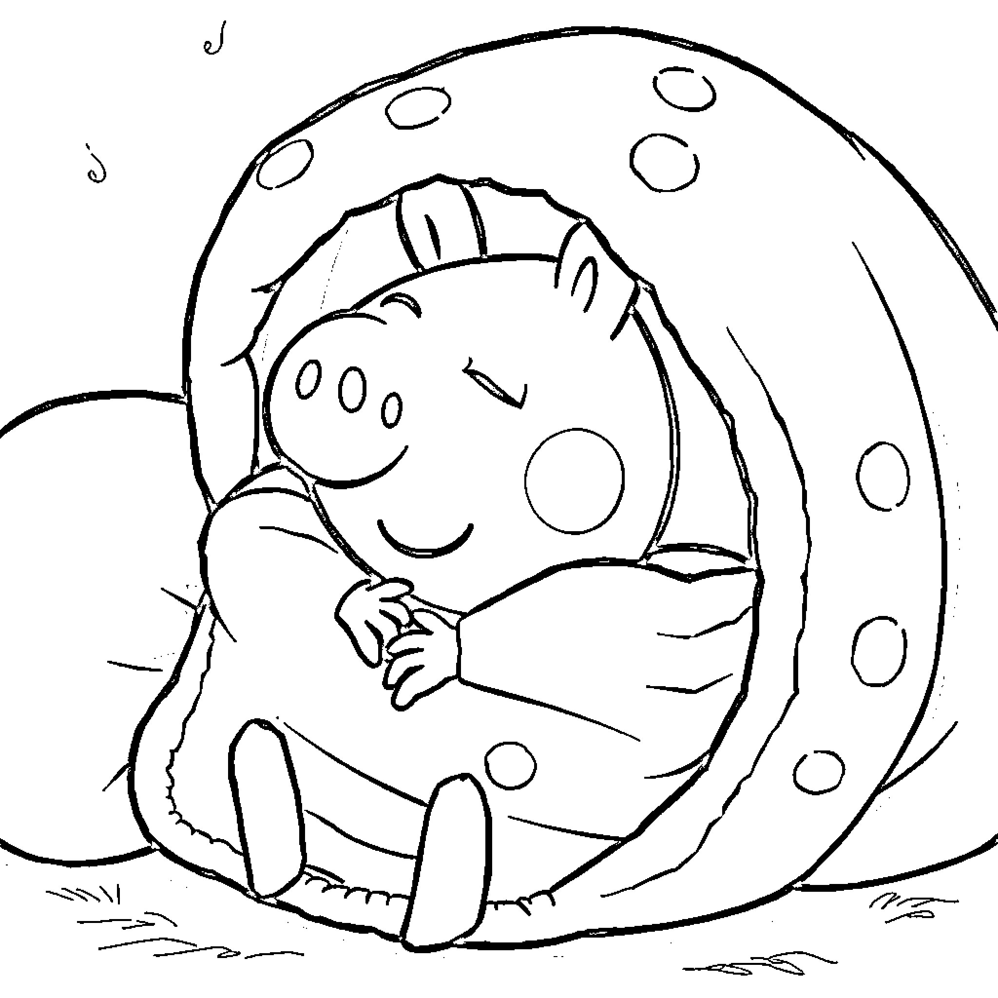 Peppa Pig sleeping peacefully in a bubble-filled environment Coloring Page (free black-and-white line drawing printable PDF for all, from beginners to advanced learners, including children, teens, adults, and seniors)