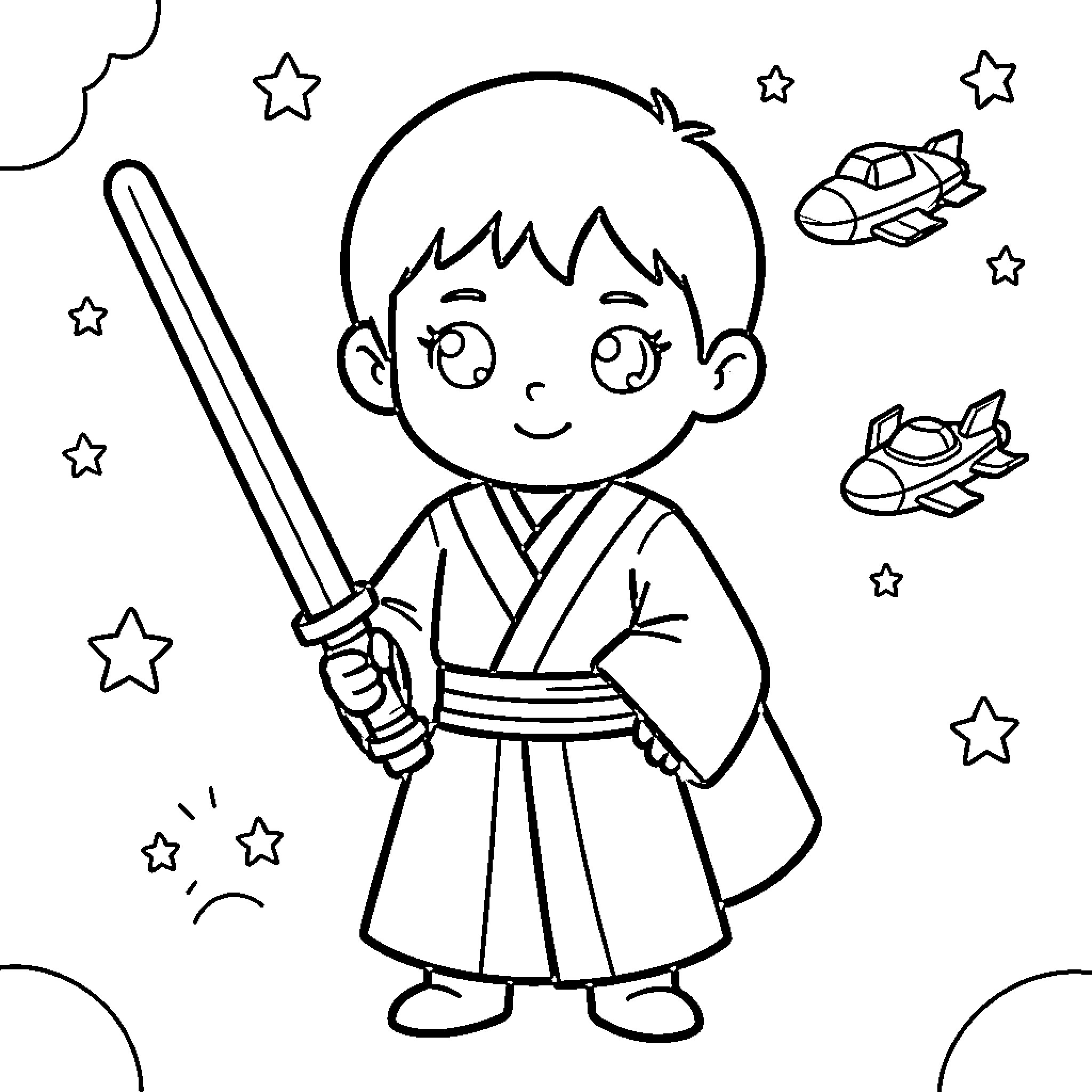 Jedi boy holding a sword amidst stars and spaceships Coloring Page (free black-and-white line drawing printable PDF for all, from beginners to advanced learners, including children, teens, adults, and seniors)