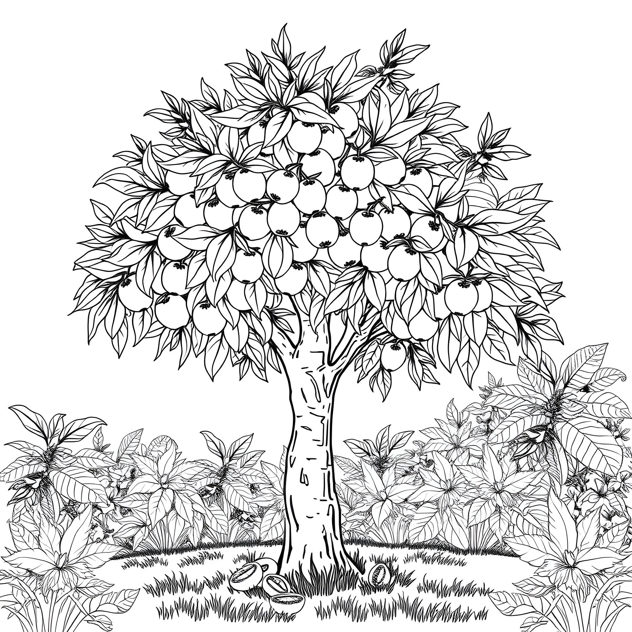 Araza Fruit tree with lush foliage in natural setting Coloring Page (free black-and-white line drawing printable PDF for all, from beginners to advanced learners, including children, teens, adults, and seniors)