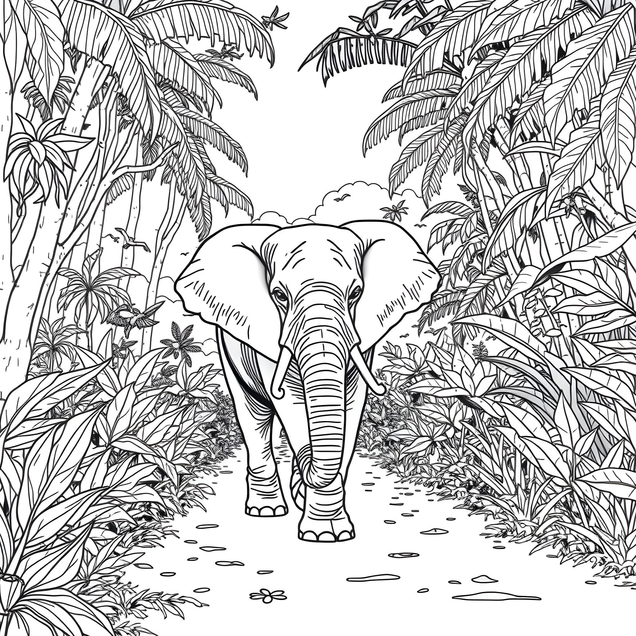 Elephant walking in the lush jungle Coloring Page (free black-and-white line drawing printable PDF for all, from beginners to advanced learners, including children, teens, adults, and seniors)