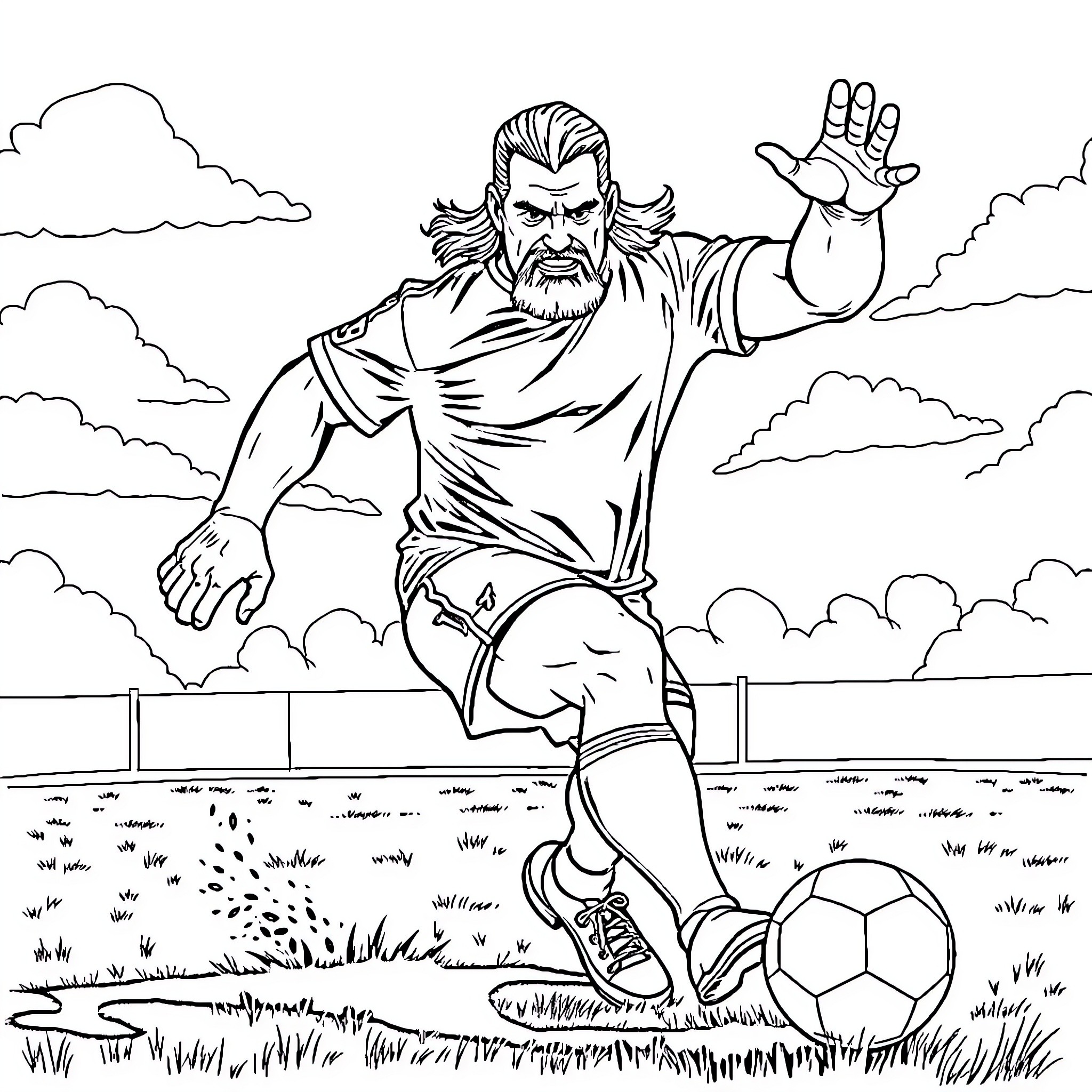 Hulk Hogan playing soccer on a grassy field Coloring Page (free black-and-white line drawing printable PDF for all, from beginners to advanced learners, including children, teens, adults, and seniors)