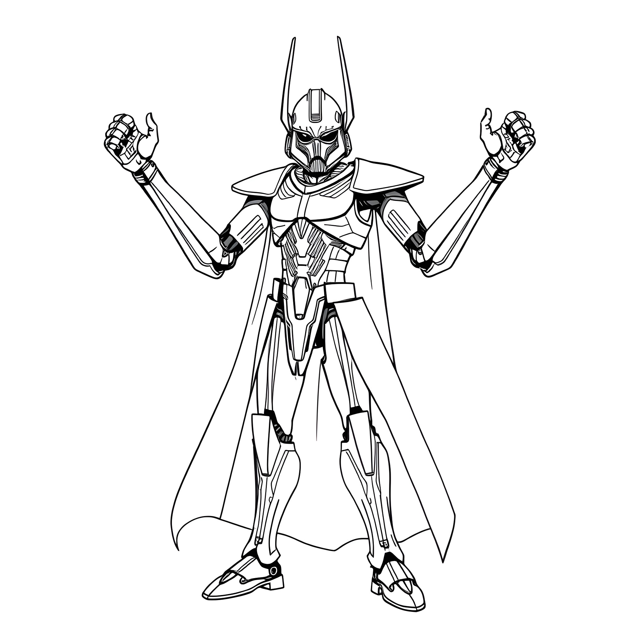 General Grievous in fierce battle stance Coloring Page (free black-and-white line drawing printable PDF for all, from beginners to advanced learners, including children, teens, adults, and seniors)