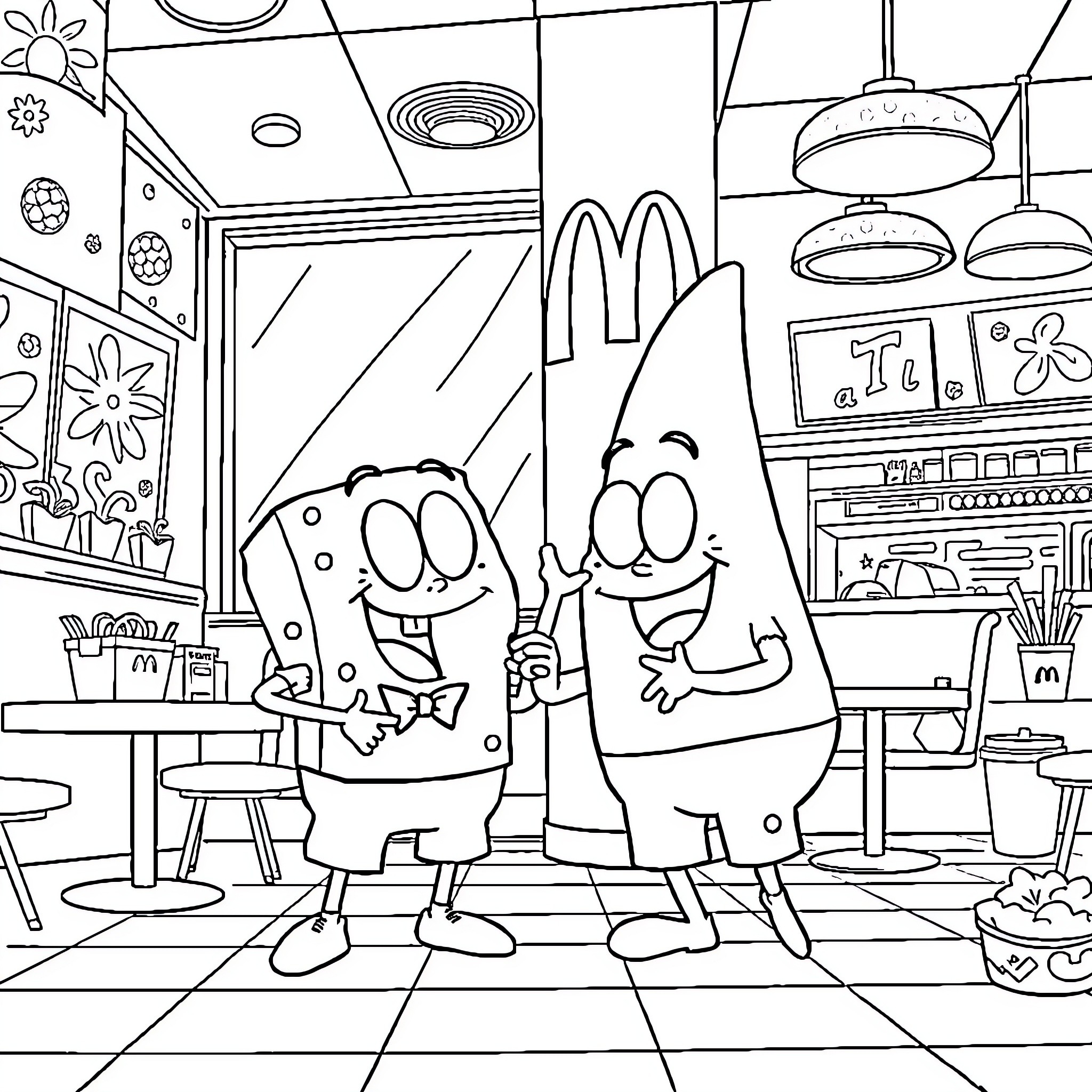 Bob esponja and friends in a colorful indoor setting Coloring Page (free black-and-white line drawing printable PDF for all, from beginners to advanced learners, including children, teens, adults, and seniors)