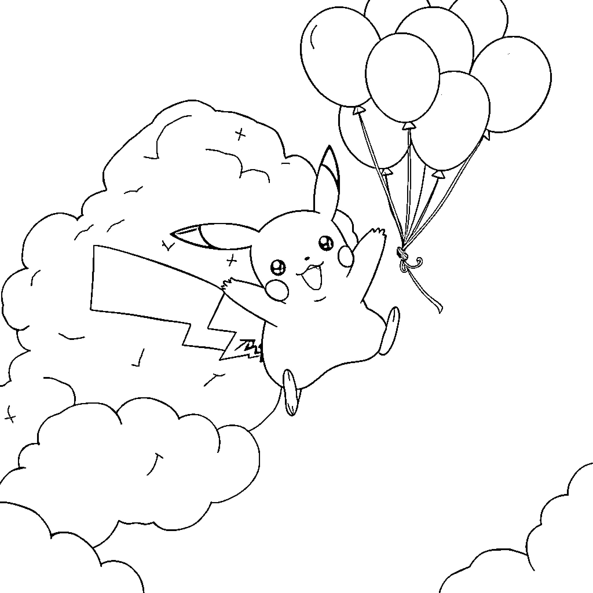 Pikachu Floating with Balloons in the Sky Coloring Page (free black-and-white line drawing printable PDF for all, from beginners to advanced learners, including children, teens, adults, and seniors)