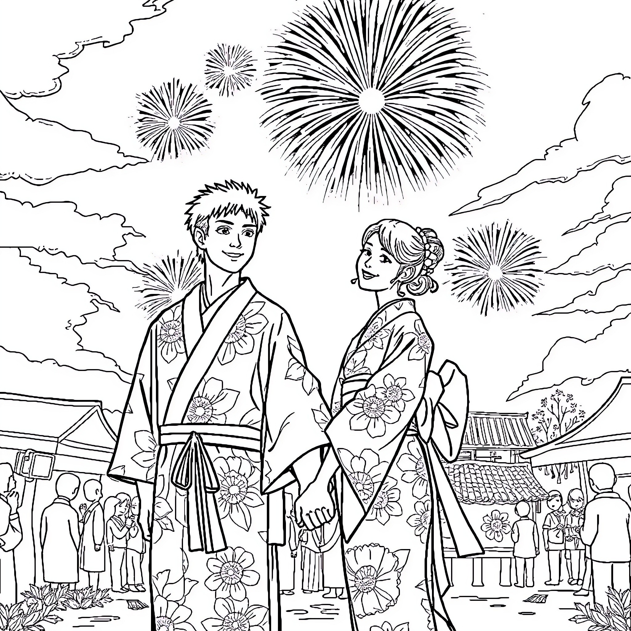 Man and Woman Enjoying Fireworks at Japanese Festival Coloring Page (free black-and-white line drawing printable PDF for all, from beginners to advanced learners, including children, teens, adults, and seniors)