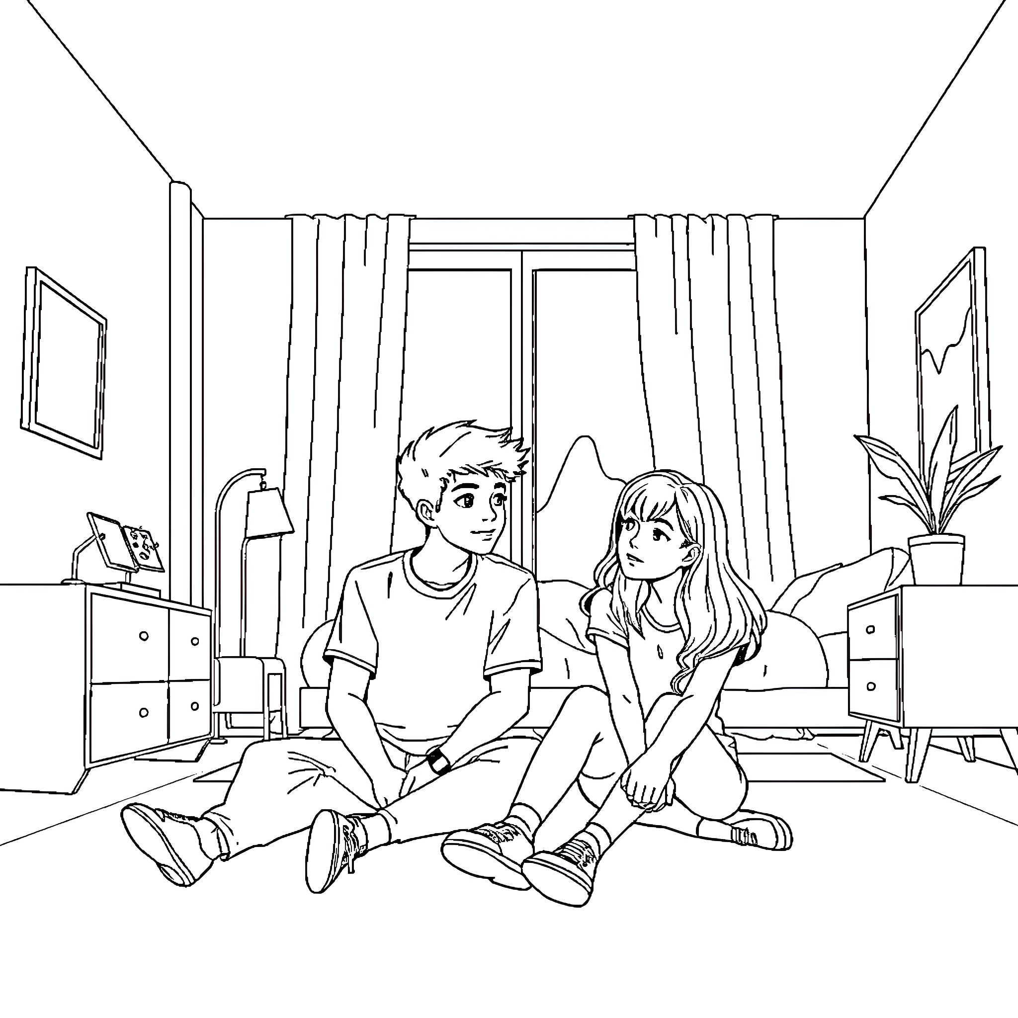 Teenager friends relaxing in cozy bedroom Coloring Page (free black-and-white line drawing printable PDF for all, from beginners to advanced learners, including children, teens, adults, and seniors)