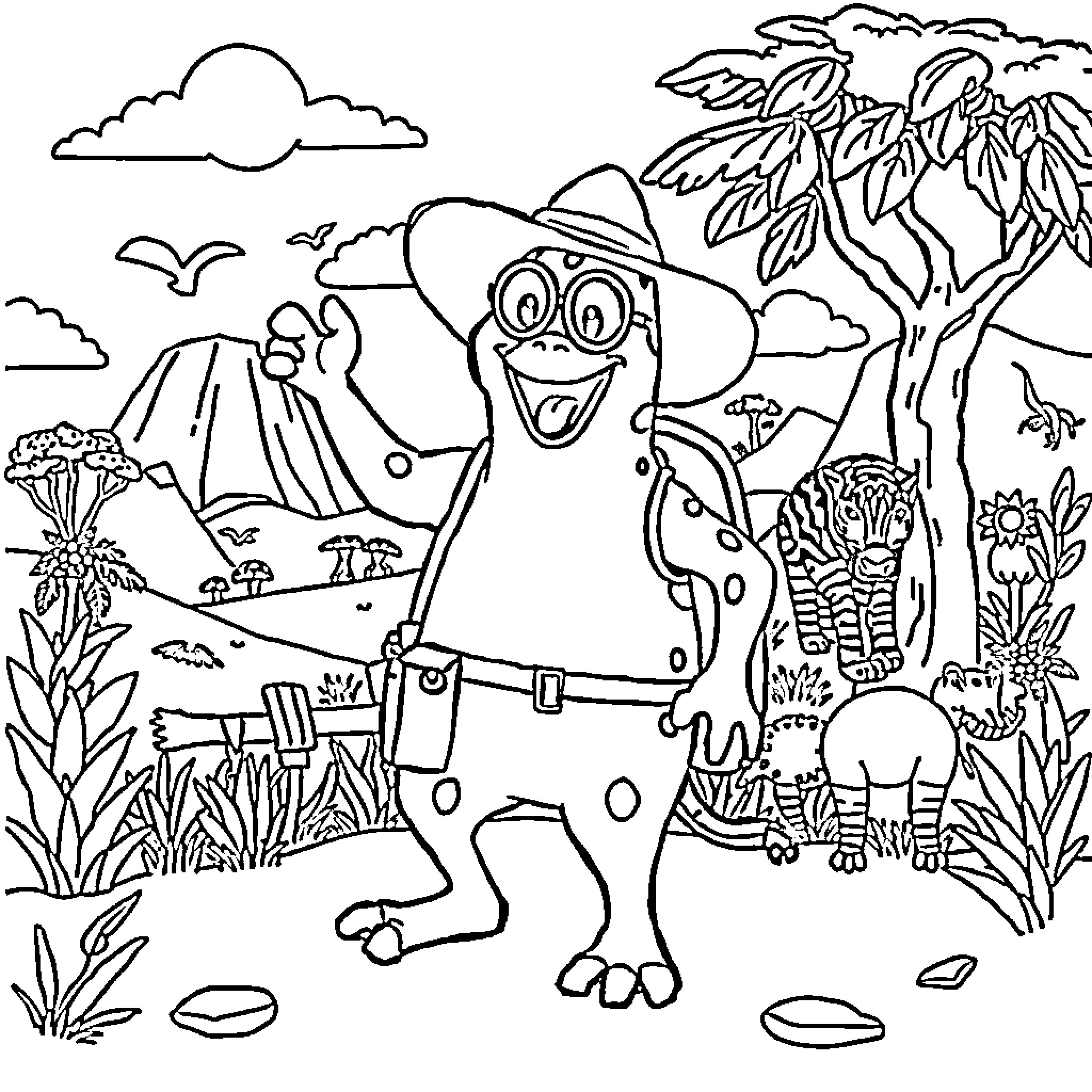 Spongebob Exploring the Wilderness with Animals Coloring Page (free black-and-white line drawing printable PDF for all, from beginners to advanced learners, including children, teens, adults, and seniors)