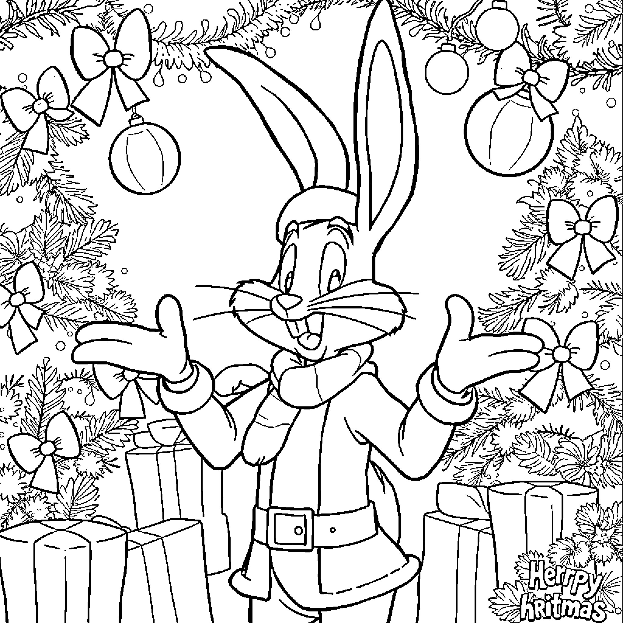 Roger Rabbit celebrating Christmas with festive decorations Coloring Page (free black-and-white line drawing printable PDF for all, from beginners to advanced learners, including children, teens, adults, and seniors)