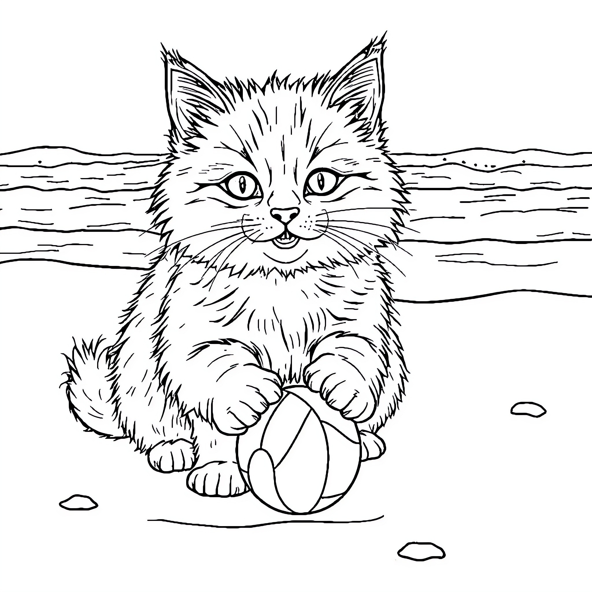 Cat playing with a ball on the beach Coloring Page (free black-and-white line drawing printable PDF for all, from beginners to advanced learners, including children, teens, adults, and seniors)