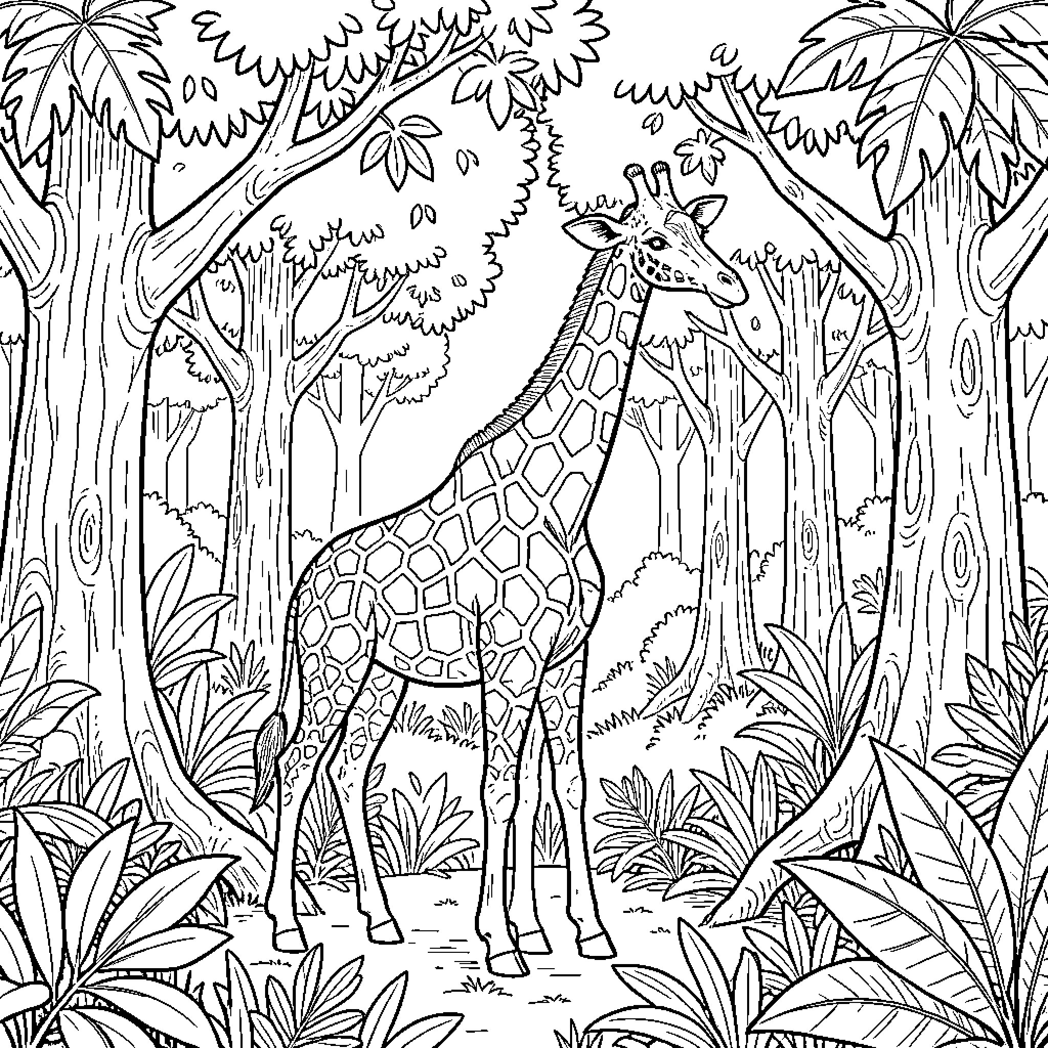 Giraffe standing calmly amidst a lush jungle forest Coloring Page (free black-and-white line drawing printable PDF for all, from beginners to advanced learners, including children, teens, adults, and seniors)