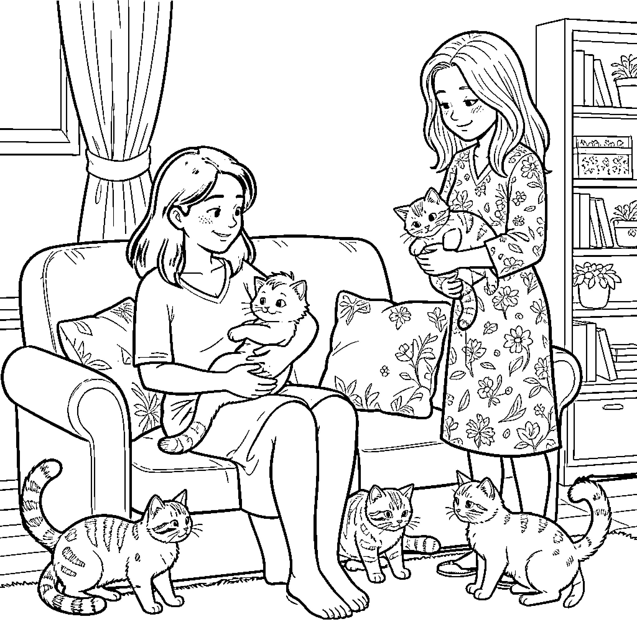 Mom and daughter playing with kittens in the living room Coloring Page (free black-and-white line drawing printable PDF for all, from beginners to advanced learners, including children, teens, adults, and seniors)