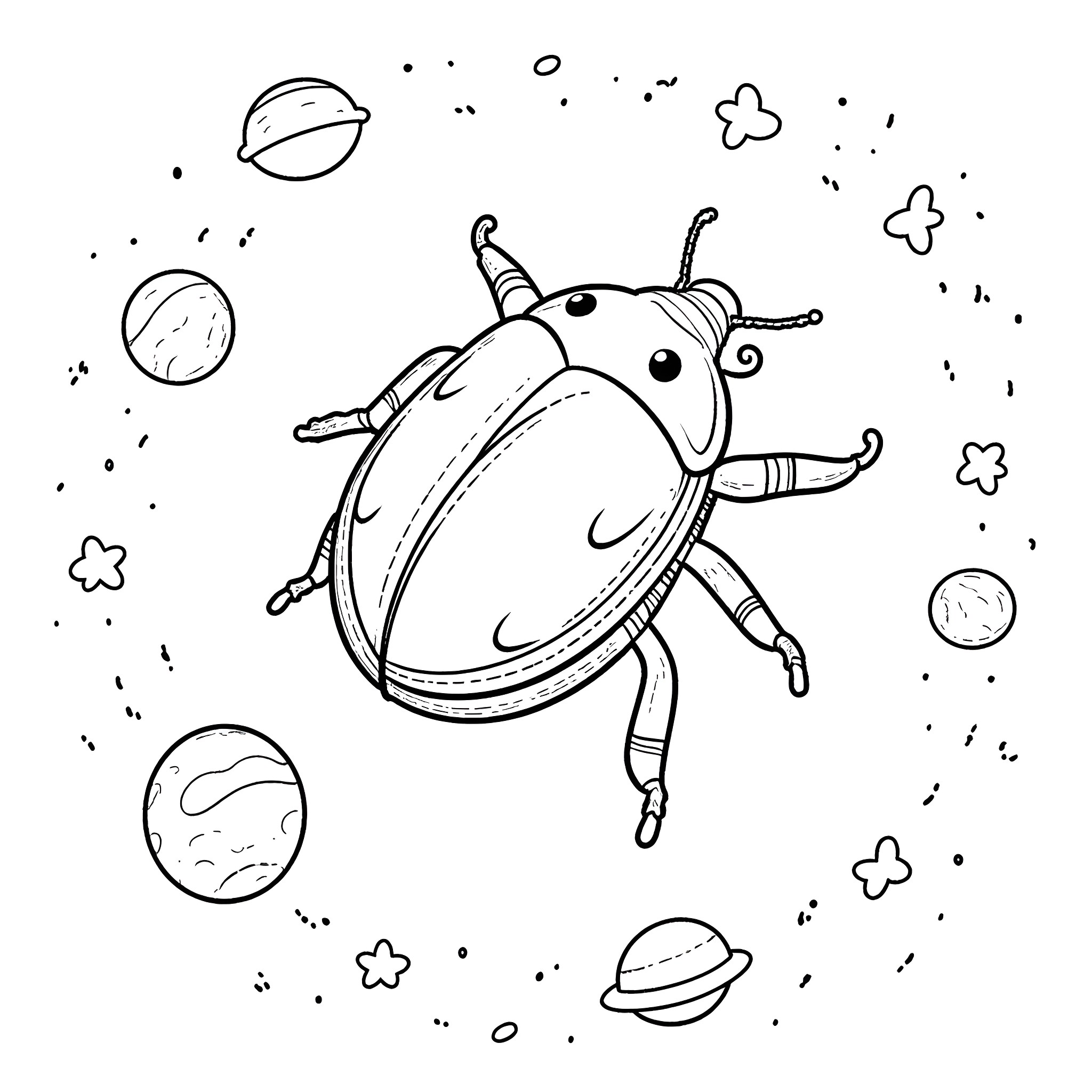 Dung Beetle exploring the cosmos Coloring Page (free black-and-white line drawing printable PDF for all, from beginners to advanced learners, including children, teens, adults, and seniors)