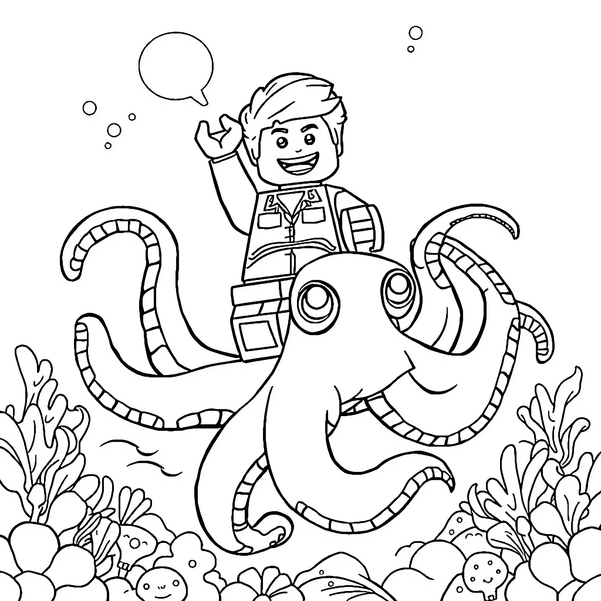 LEGO Character exploring underwater with friendly octopus Coloring Page (free black-and-white line drawing printable PDF for all, from beginners to advanced learners, including children, teens, adults, and seniors)