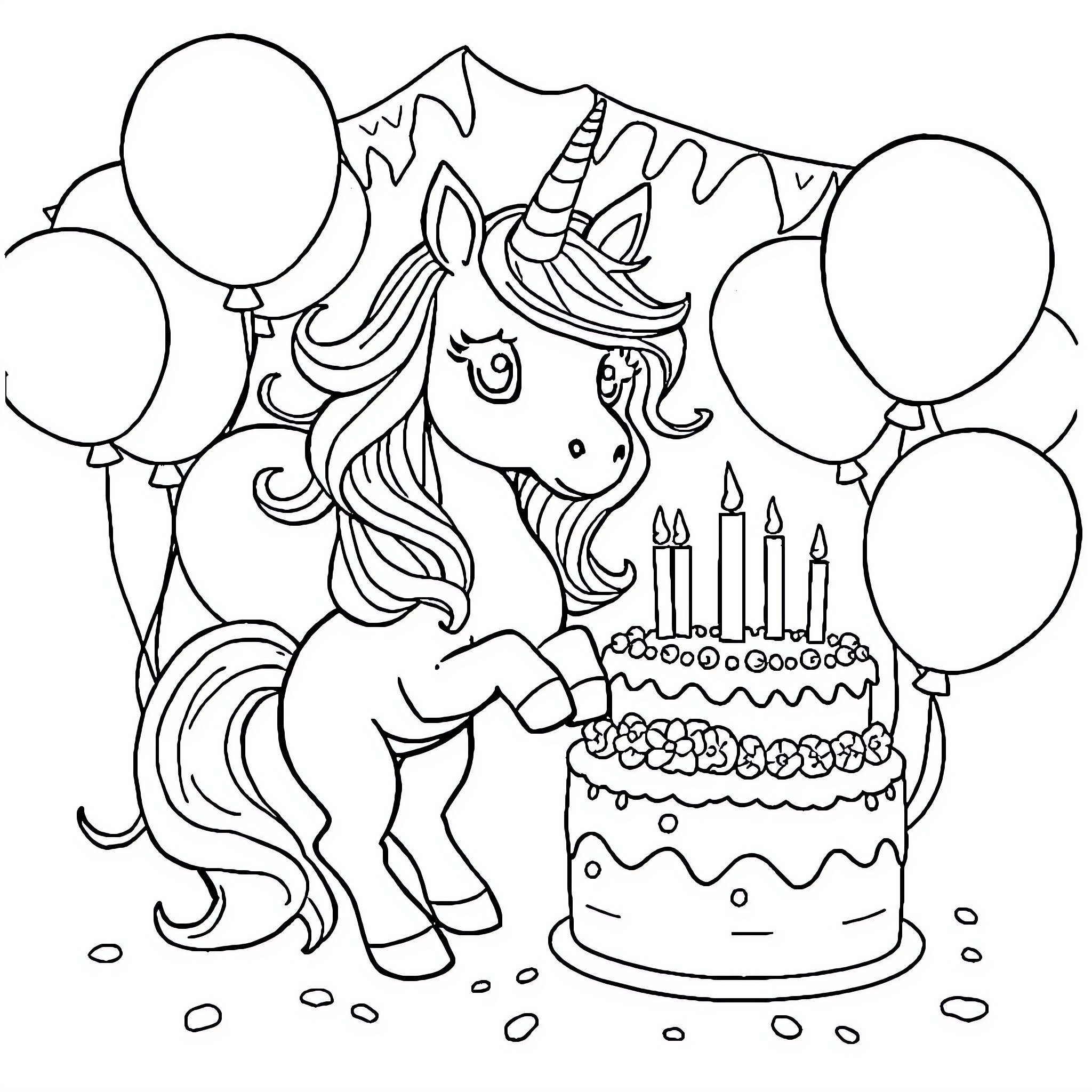 Unicorn celebrating birthday with cake and balloons Coloring Page (free black-and-white line drawing printable PDF for all, from beginners to advanced learners, including children, teens, adults, and seniors)