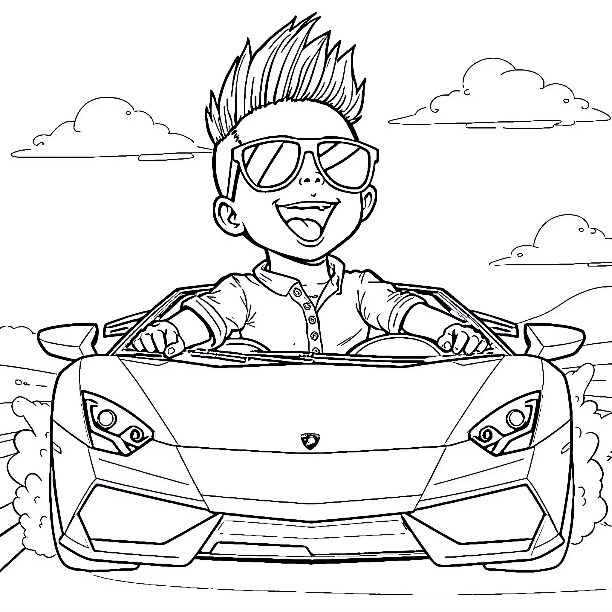 Noah's Exciting Sports Car Adventure Coloring Page (free black-and-white line drawing printable PDF for all, from beginners to advanced learners, including children, teens, adults, and seniors)