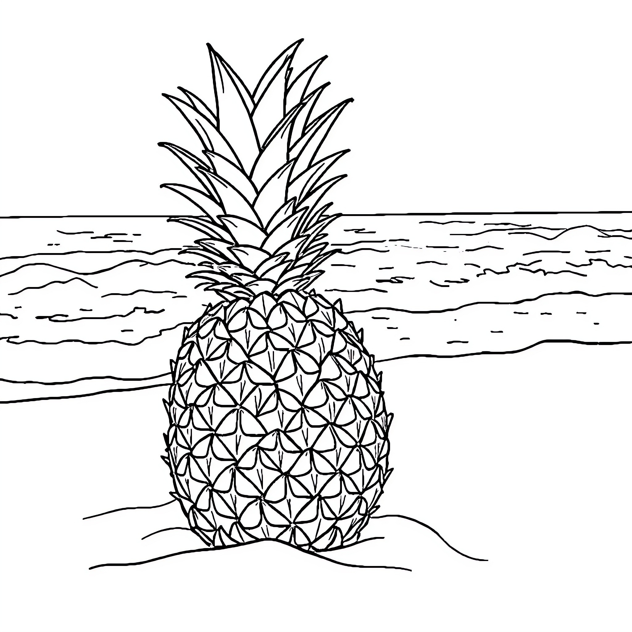 Pineapple on the beach Coloring Page (free black-and-white line drawing printable PDF for all, from beginners to advanced learners, including children, teens, adults, and seniors)
