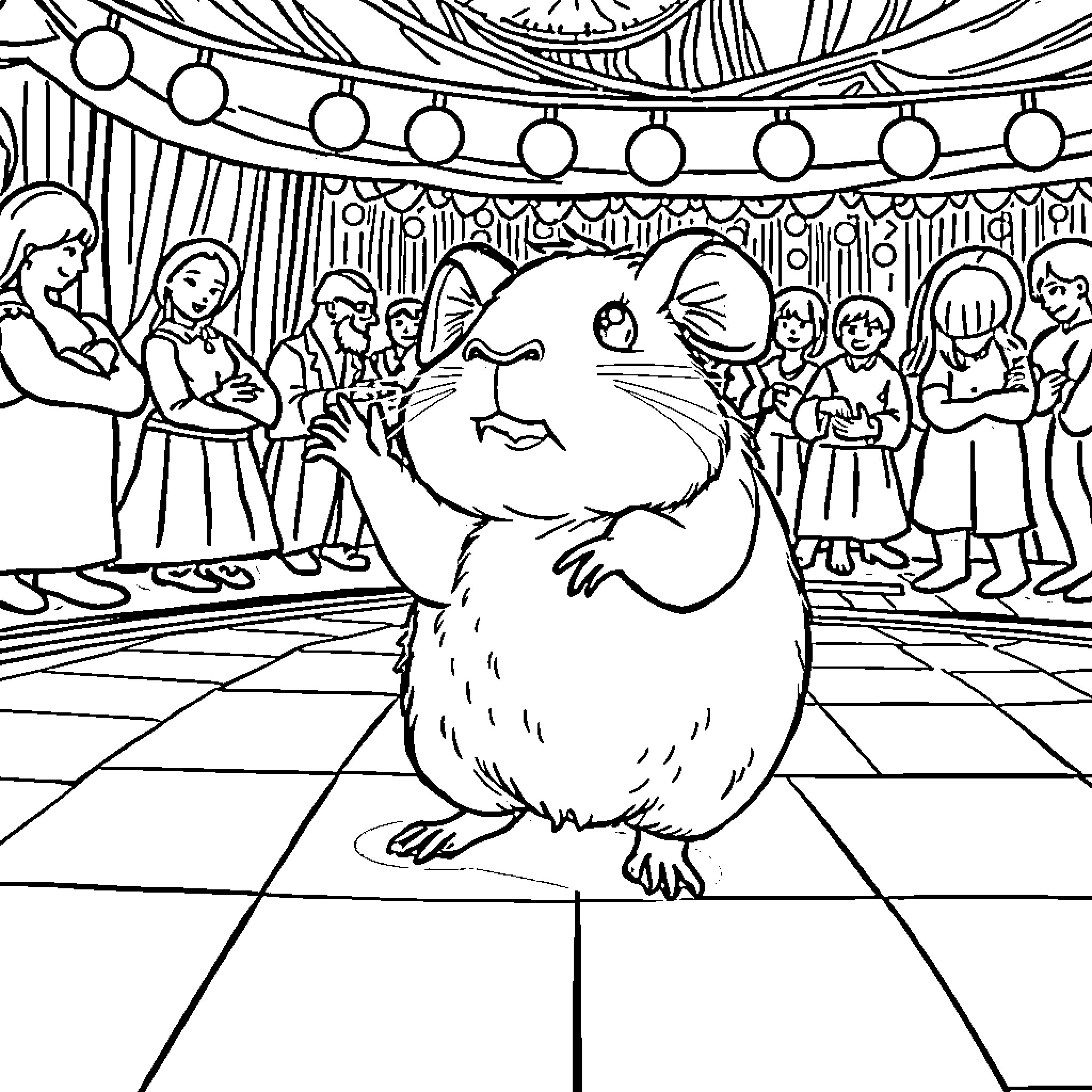 Guinea Pig performing at the circus show Coloring Page (free black-and-white line drawing printable PDF for all, from beginners to advanced learners, including children, teens, adults, and seniors)