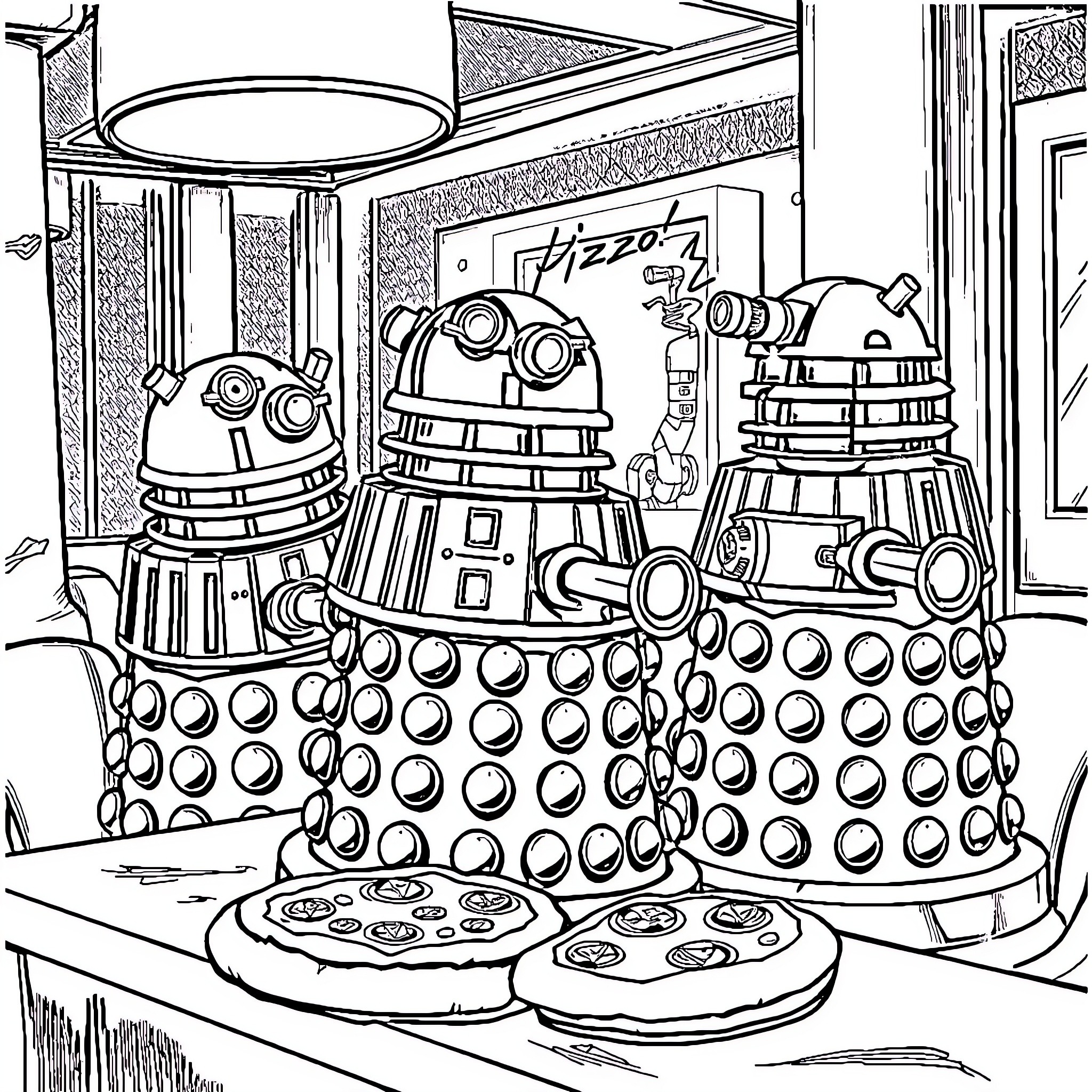 Daleks Invade the Pizza Parlor Coloring Page (free black-and-white line drawing printable PDF for all, from beginners to advanced learners, including children, teens, adults, and seniors)