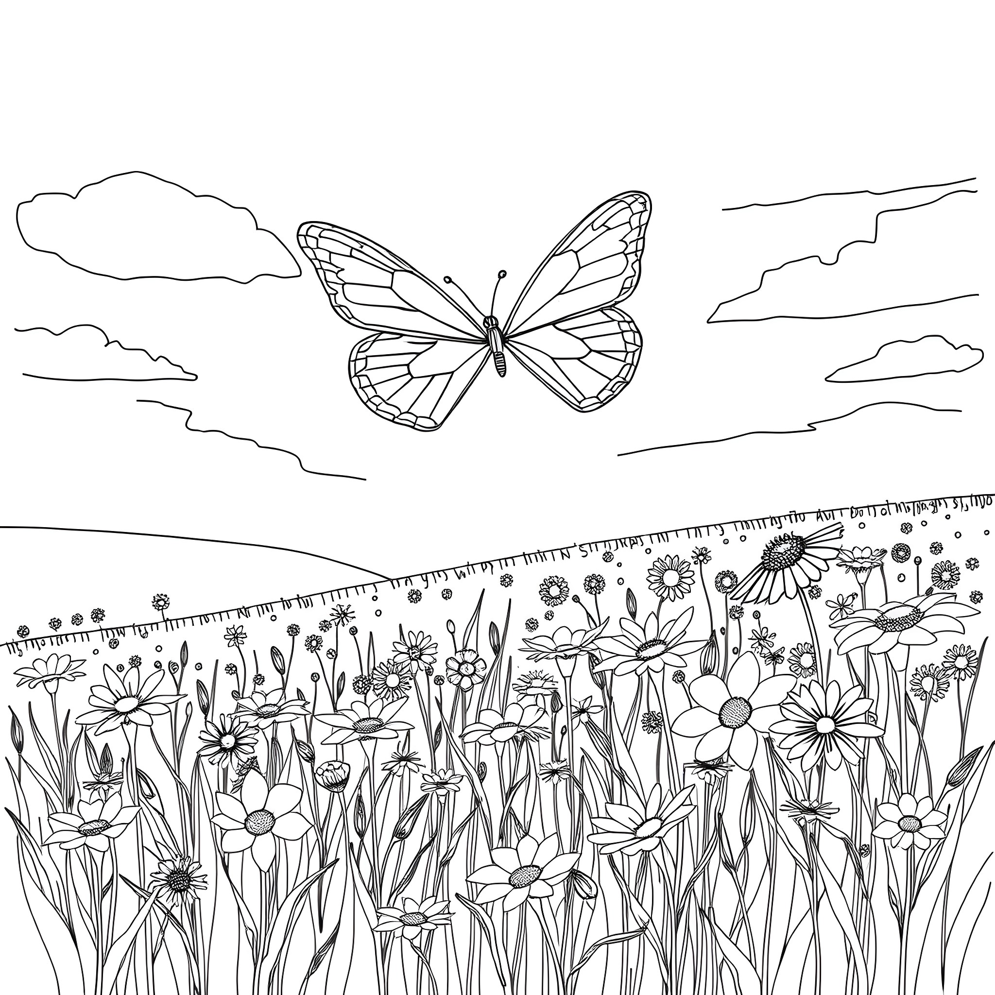Butterfly soaring over a field of flowers Coloring Page (free black-and-white line drawing printable PDF for all, from beginners to advanced learners, including children, teens, adults, and seniors)