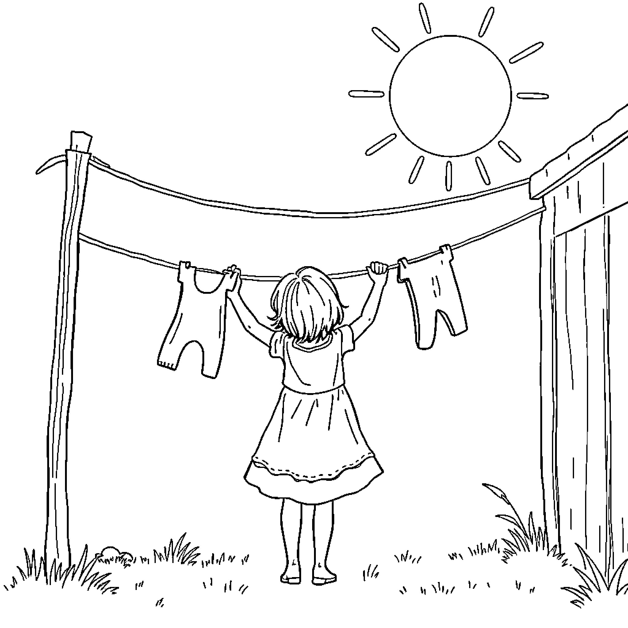 Girl hanging laundry on a sunny day Coloring Page (free black-and-white line drawing printable PDF for all, from beginners to advanced learners, including children, teens, adults, and seniors)
