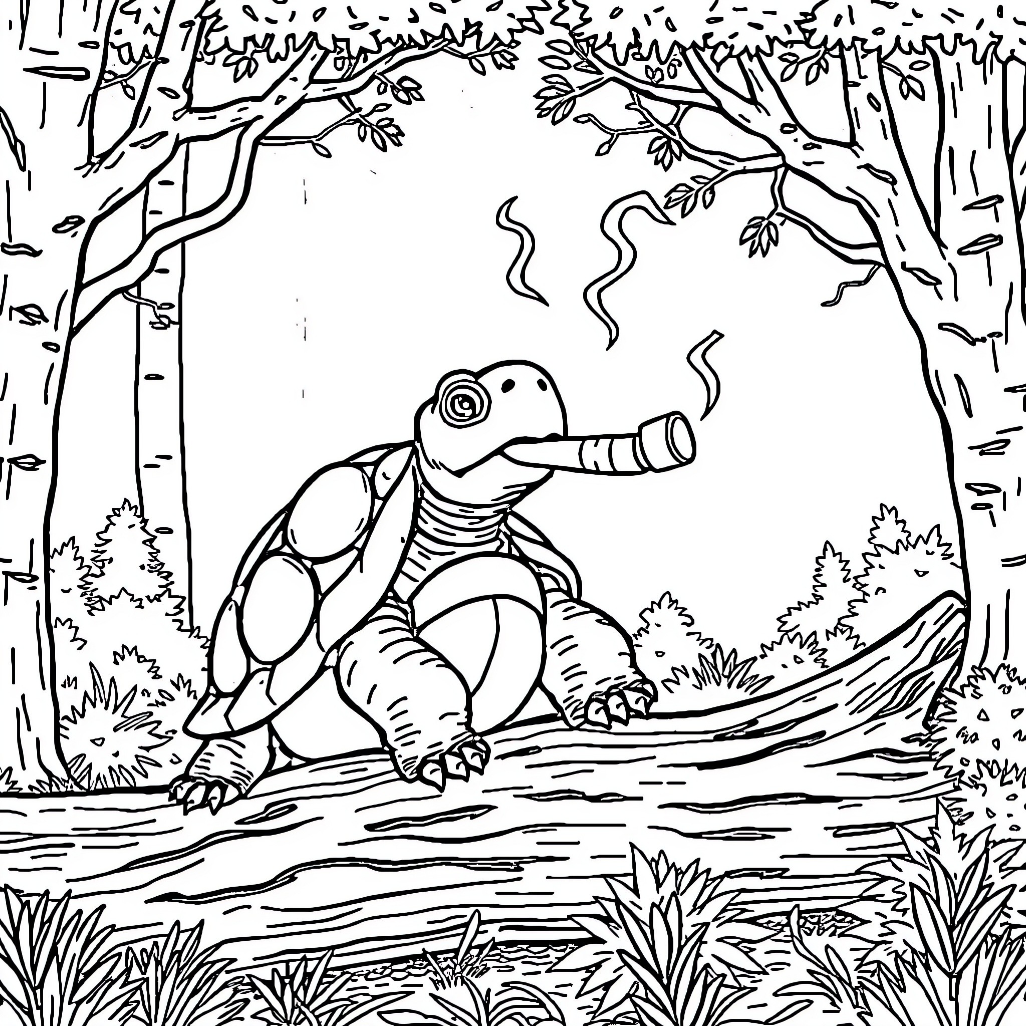 Buffalo-Turtle Exploring the Forest Habitat Coloring Page (free black-and-white line drawing printable PDF for all, from beginners to advanced learners, including children, teens, adults, and seniors)