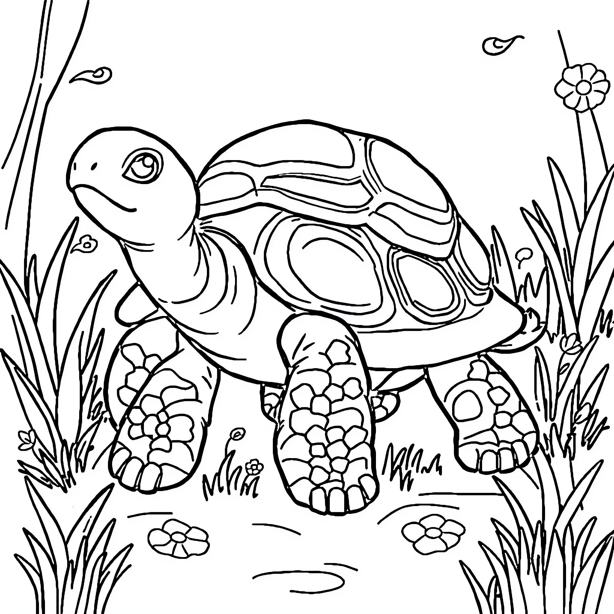Turtle walking peacefully through the garden Coloring Page (free black-and-white line drawing printable PDF for all, from beginners to advanced learners, including children, teens, adults, and seniors)