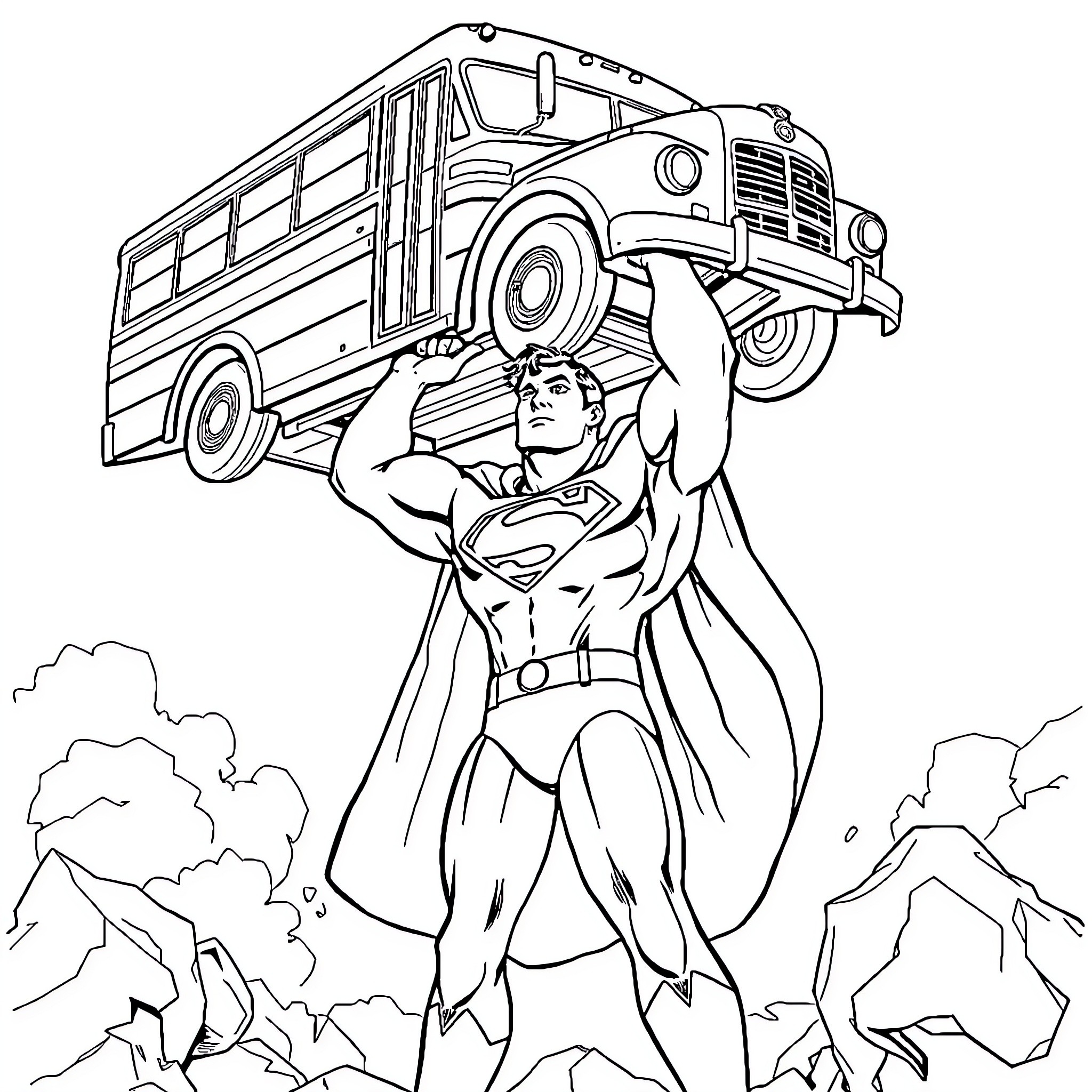 Superman lifting a school bus with determination Coloring Page (free black-and-white line drawing printable PDF for all, from beginners to advanced learners, including children, teens, adults, and seniors)