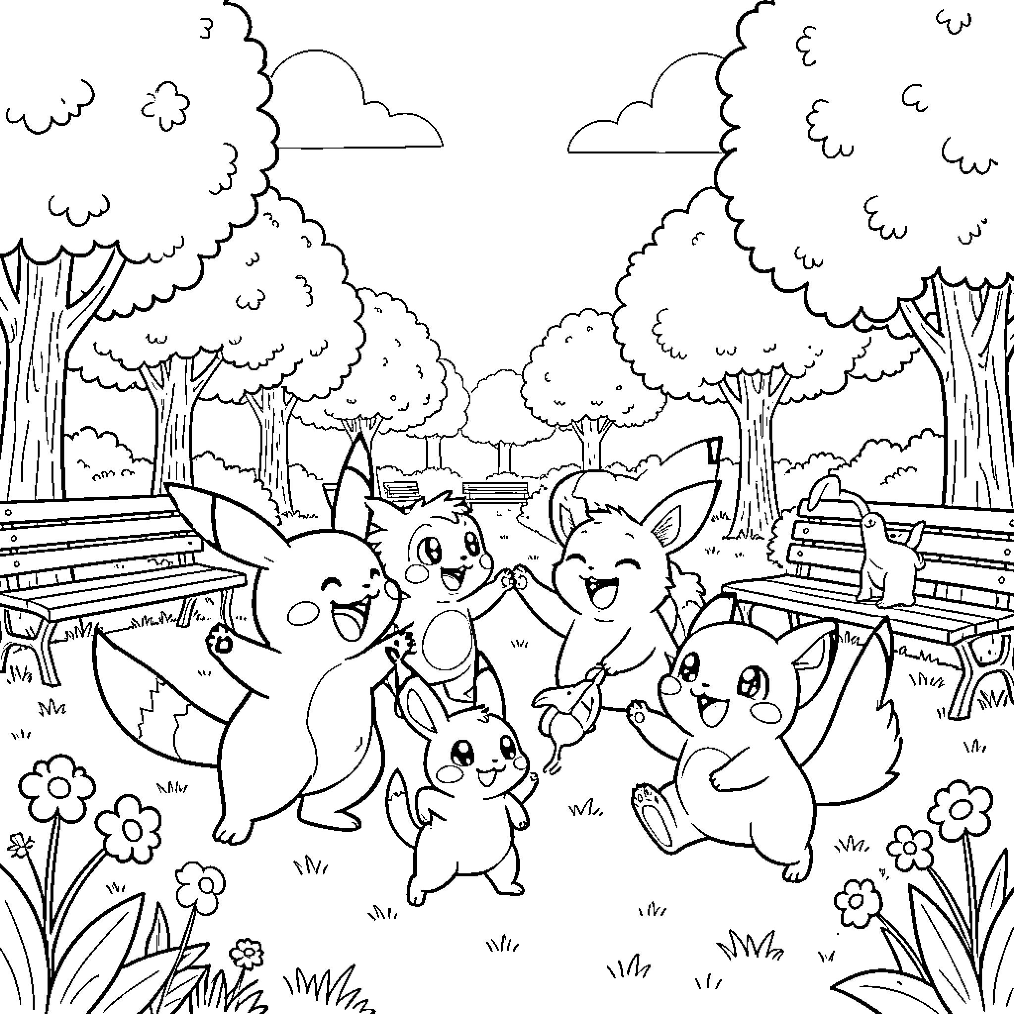 Pokémon dancing joyfully in a sunny park Coloring Page (free black-and-white line drawing printable PDF for all, from beginners to advanced learners, including children, teens, adults, and seniors)