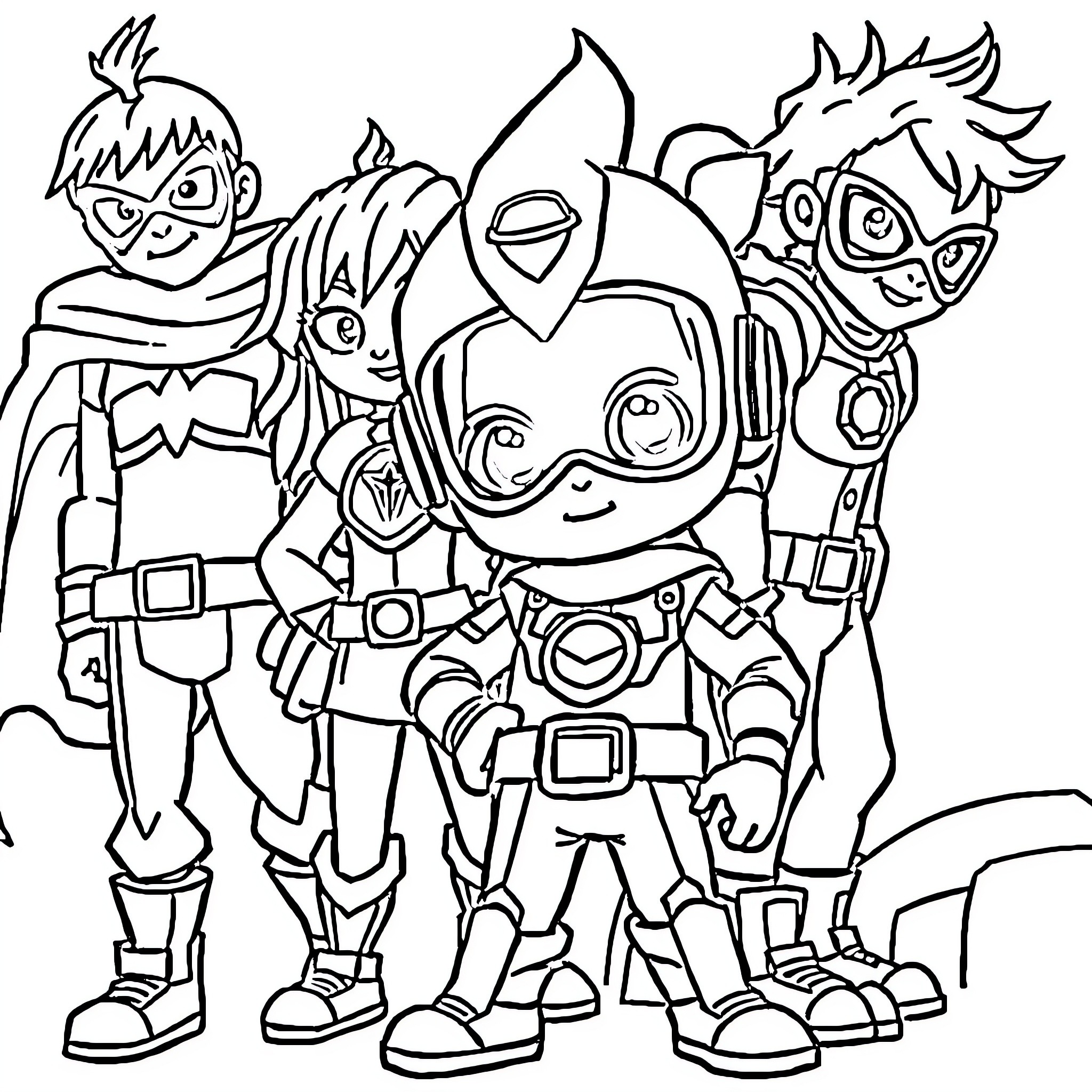 Boboiboy and friends in action-packed poses Coloring Page (free black-and-white line drawing printable PDF for all, from beginners to advanced learners, including children, teens, adults, and seniors)