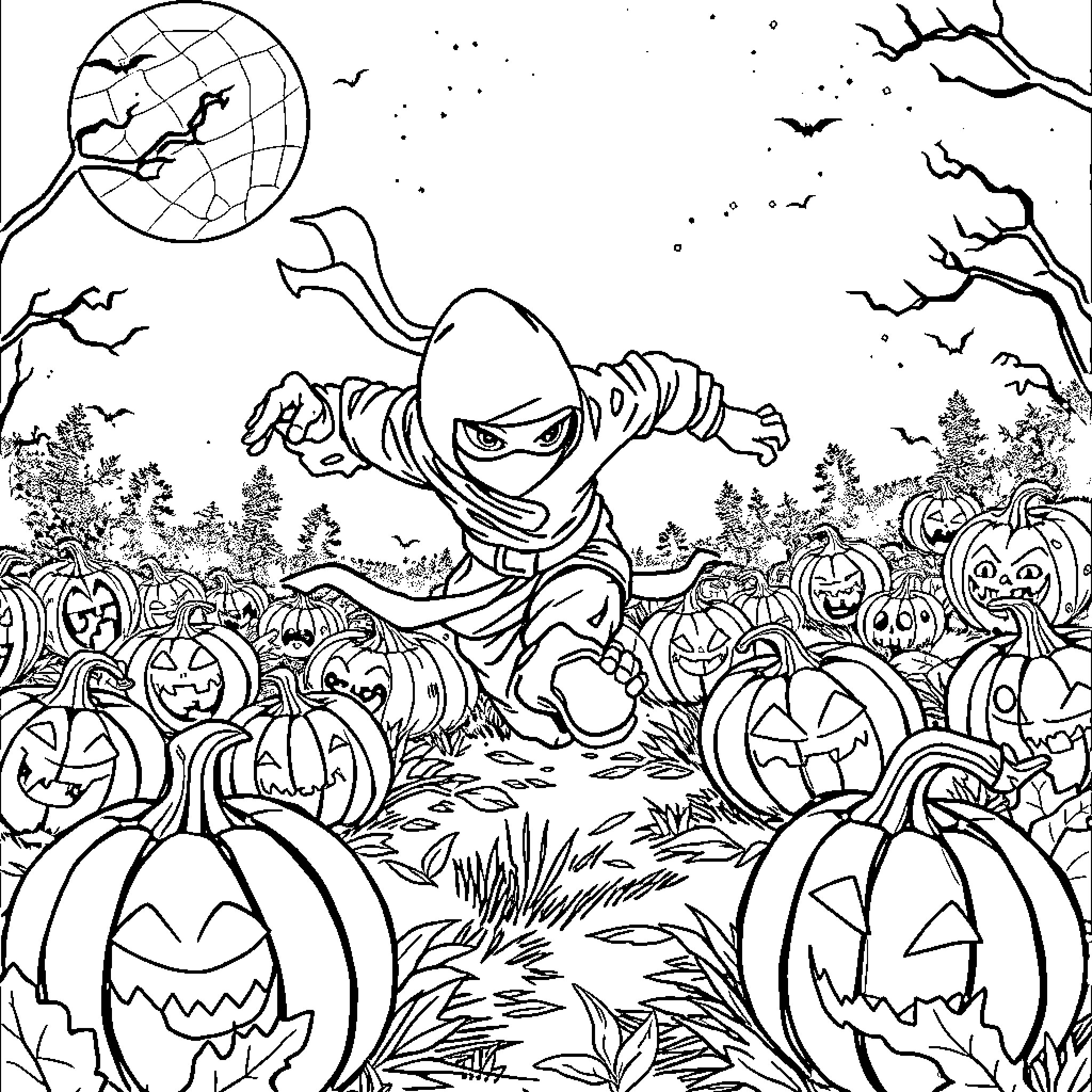 Ninja warrior pumpkin patch adventure Coloring Page (free black-and-white line drawing printable PDF for all, from beginners to advanced learners, including children, teens, adults, and seniors)