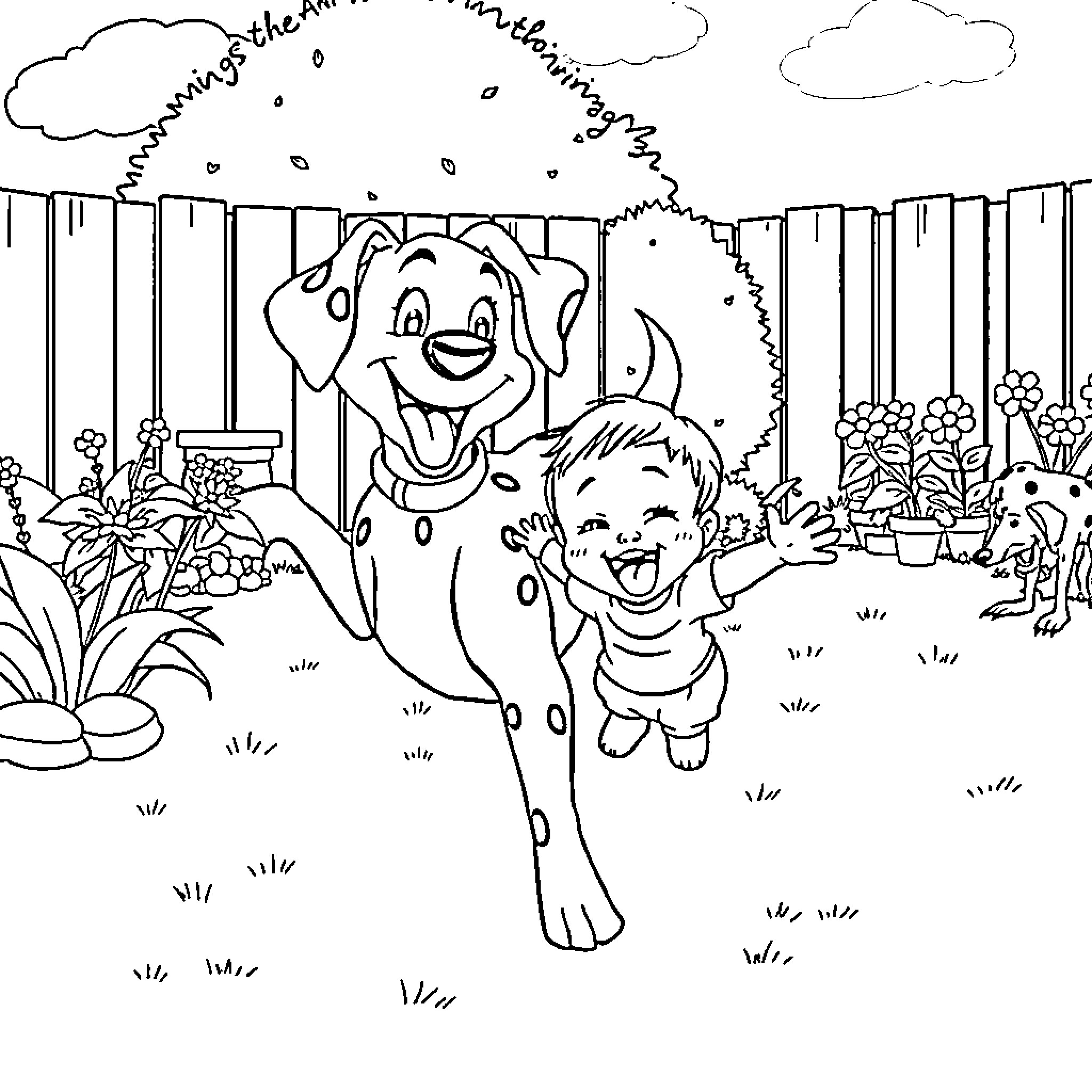 Dalmatian and child playing joyfully in the garden Coloring Page (free black-and-white line drawing printable PDF for all, from beginners to advanced learners, including children, teens, adults, and seniors)