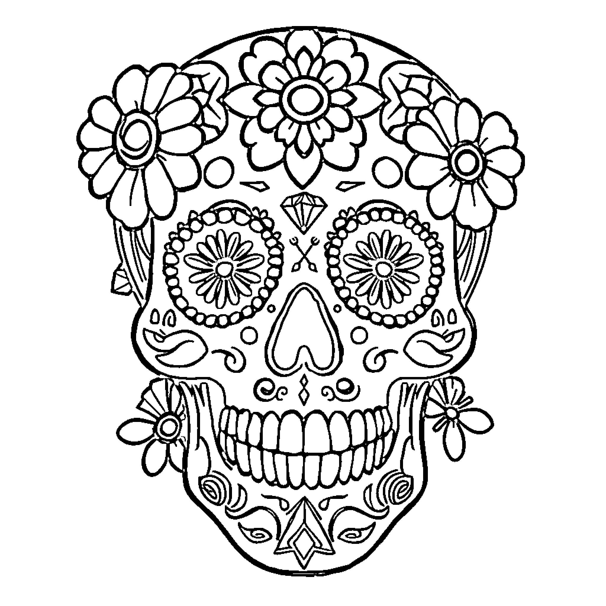 Candy Skull with Floral Decorations Coloring Page (free black-and-white line drawing printable PDF for all, from beginners to advanced learners, including children, teens, adults, and seniors)