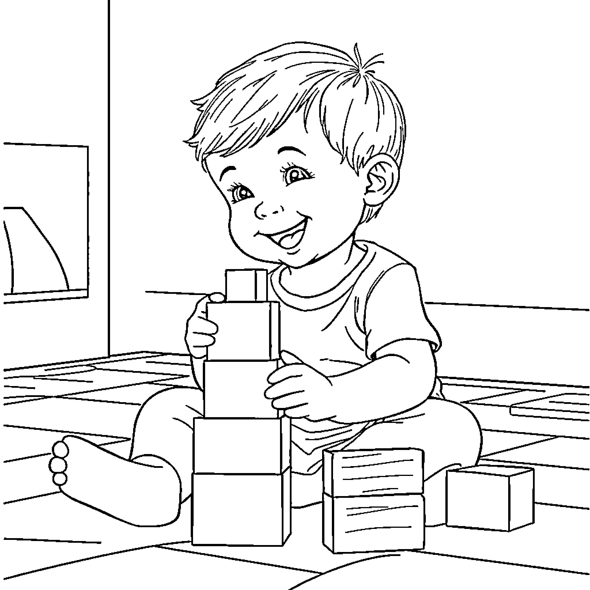 Child playing happily with building blocks Coloring Page (free black-and-white line drawing printable PDF for all, from beginners to advanced learners, including children, teens, adults, and seniors)