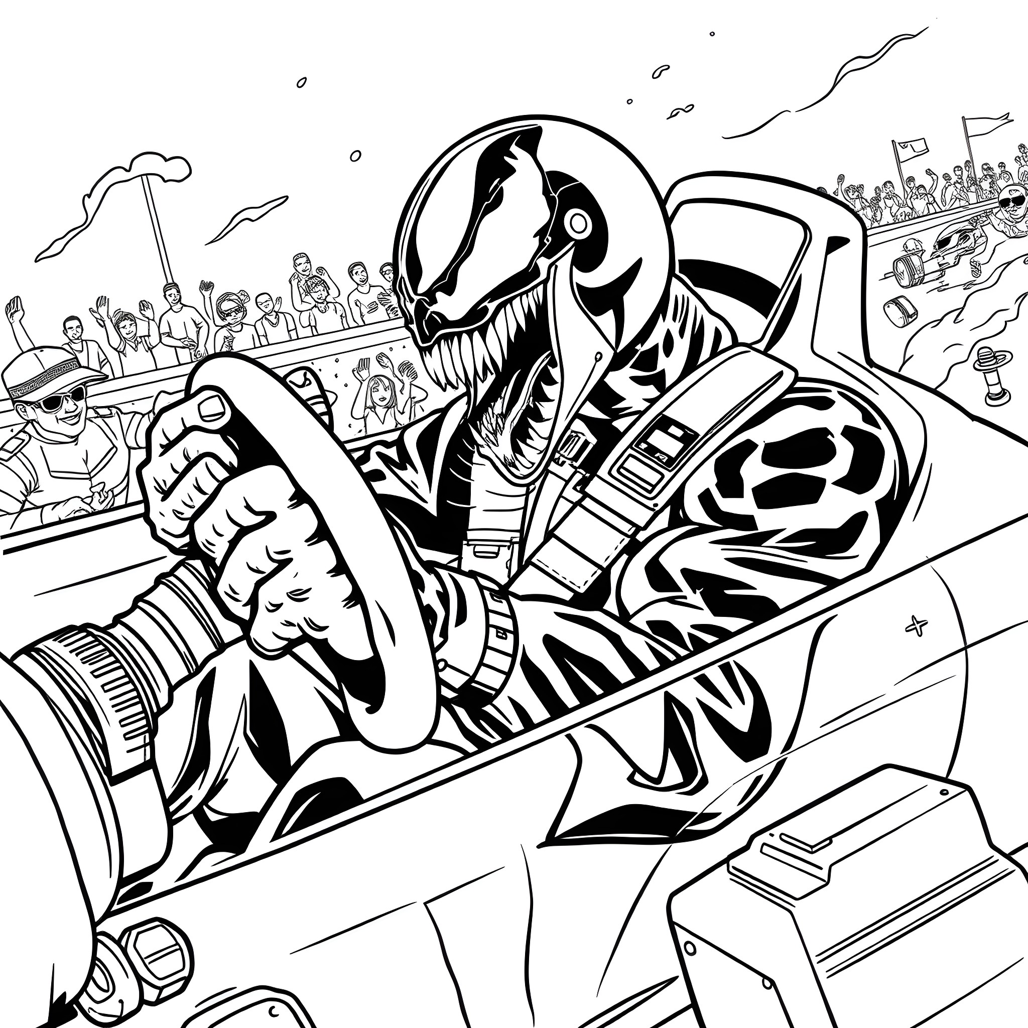 Venom's Terrifying Rampage Across the City Coloring Page (free black-and-white line drawing printable PDF for all, from beginners to advanced learners, including children, teens, adults, and seniors)