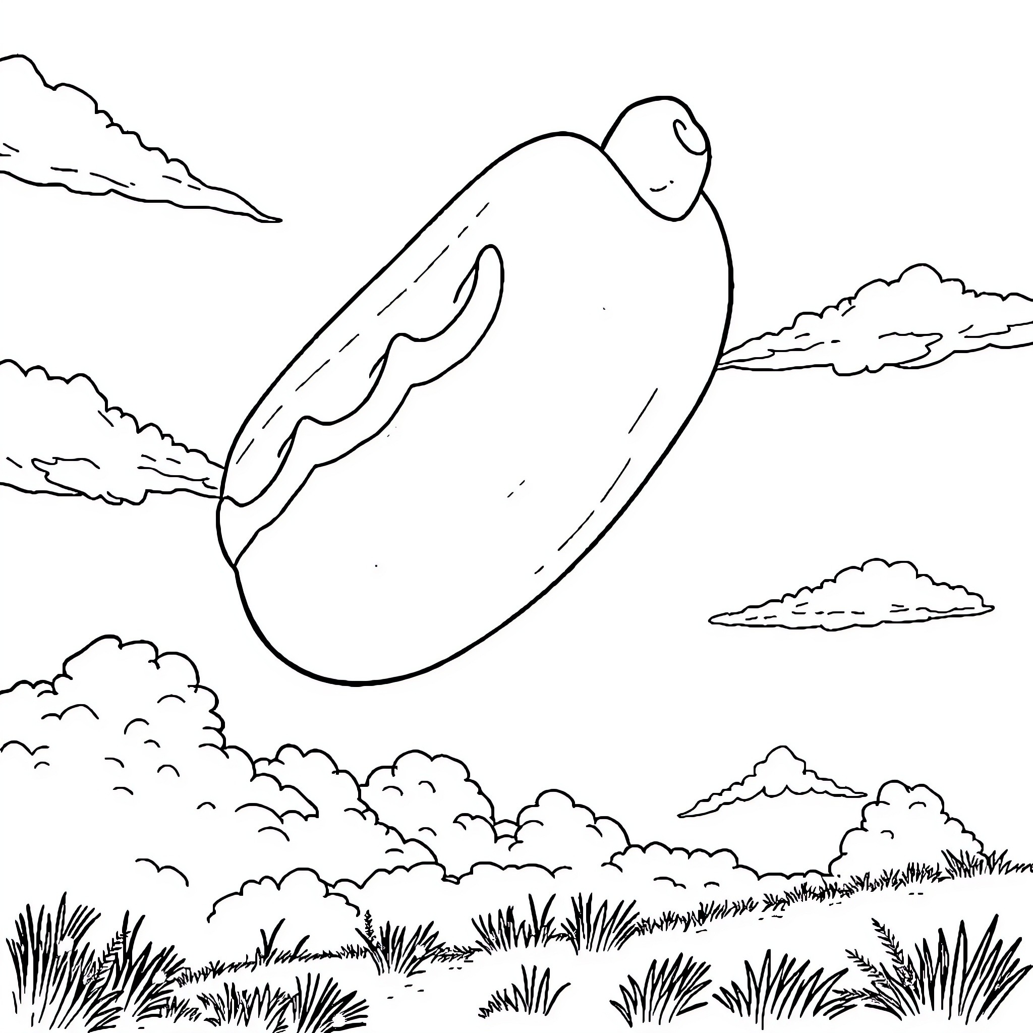 Hotdog floating in the cloudy sky Coloring Page (free black-and-white line drawing printable PDF for all, from beginners to advanced learners, including children, teens, adults, and seniors)
